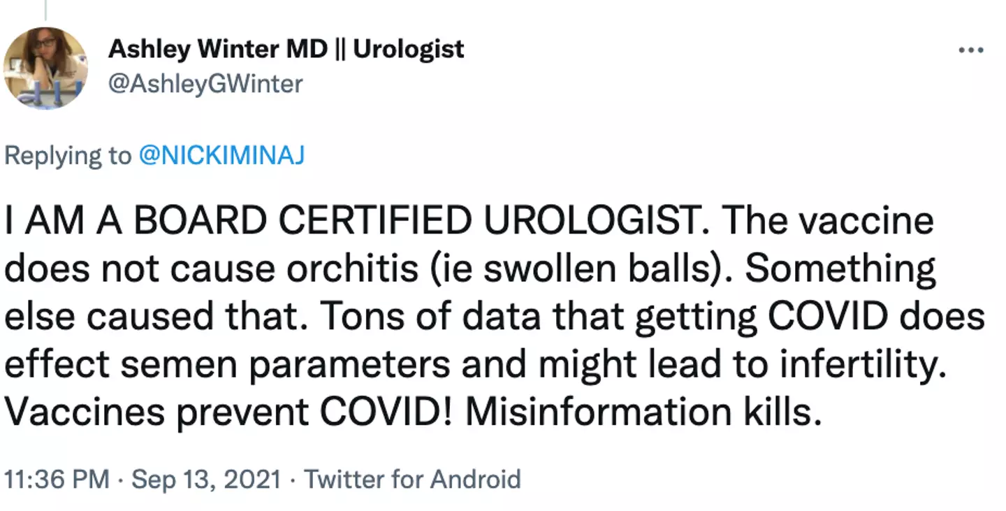 A urologist responded to Nicki's tweets (