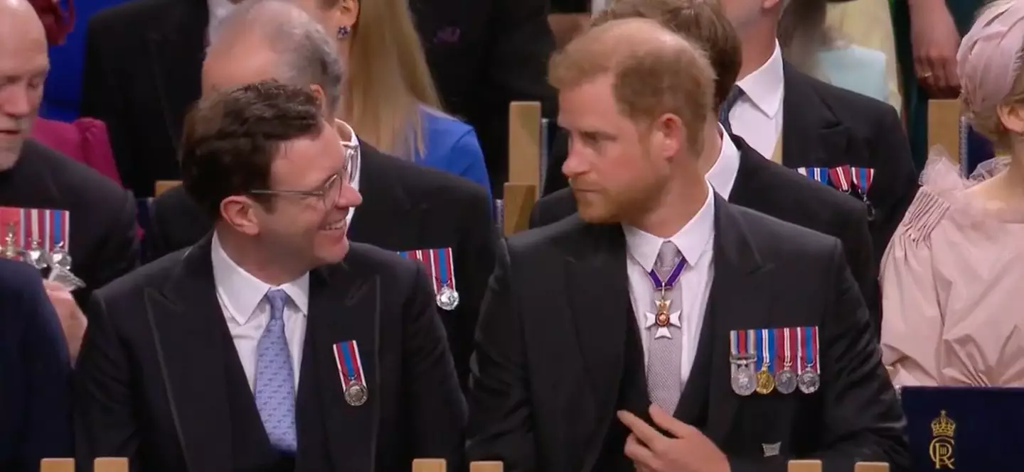 Prince Harry sitting next to Princess Eugenia's husband, Jack Brooksbank.