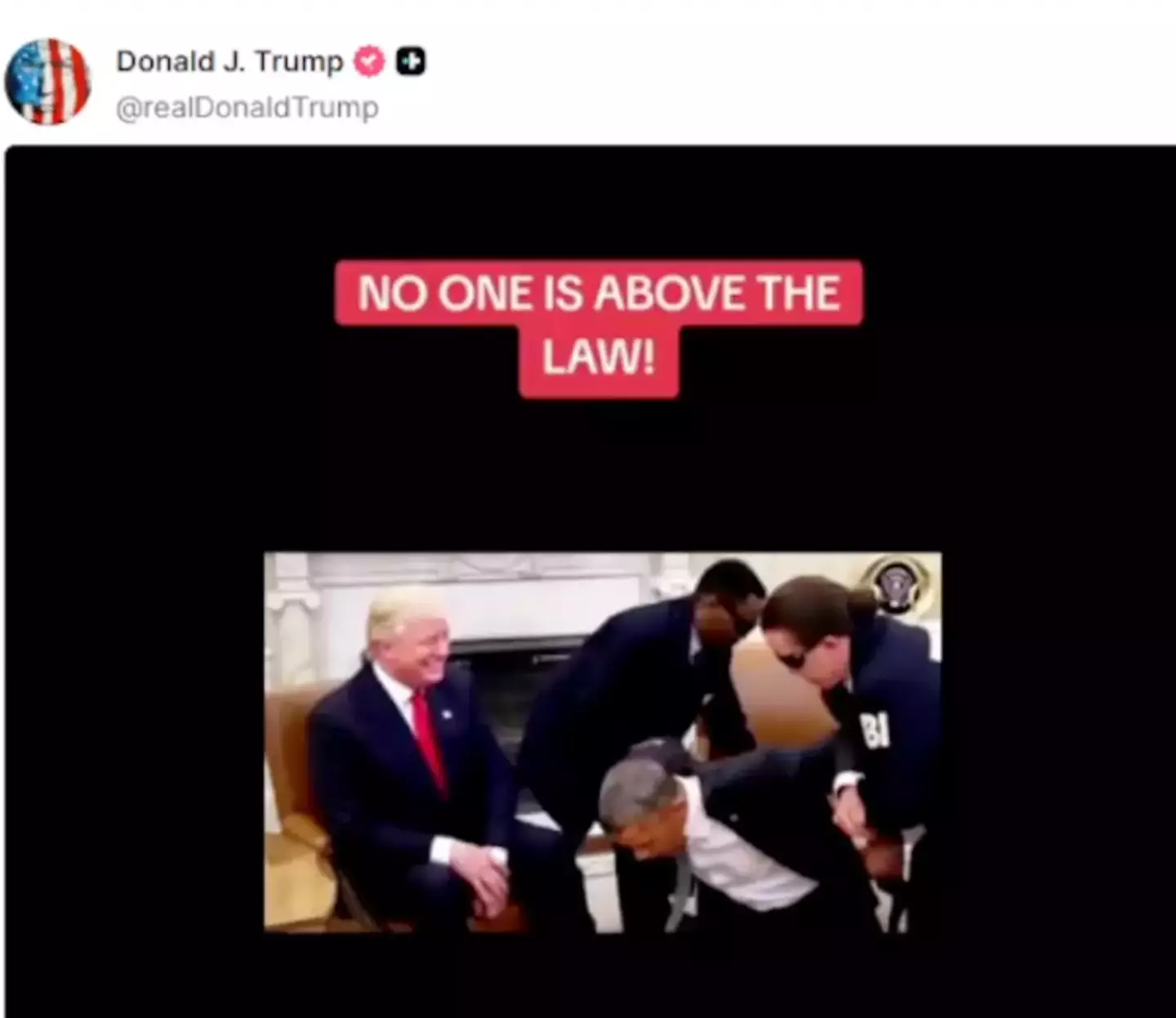 It comes just after he shared an AI-generated video that depicts Obama being arrested to social media (Truth Social/@realDonaldTrump)