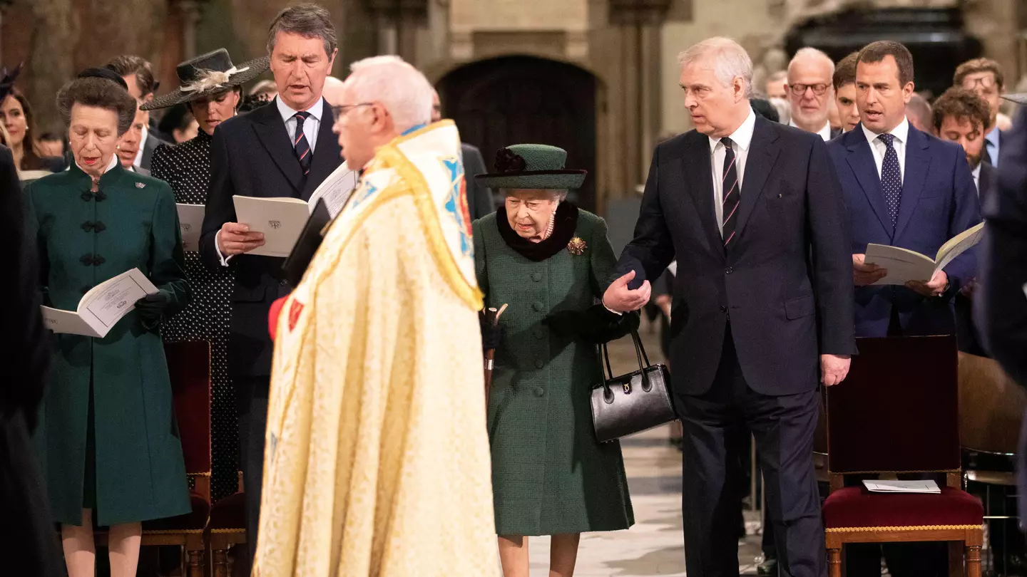 The Queen arrived escorted by her son Prince Andrew, the Duke of York (