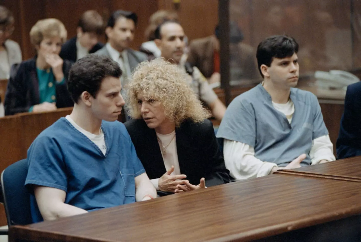Erik and Lyle Menendez with attorney Leslie Abramson during their first murder trial (Ted Soqui/Sygma via Getty Images)