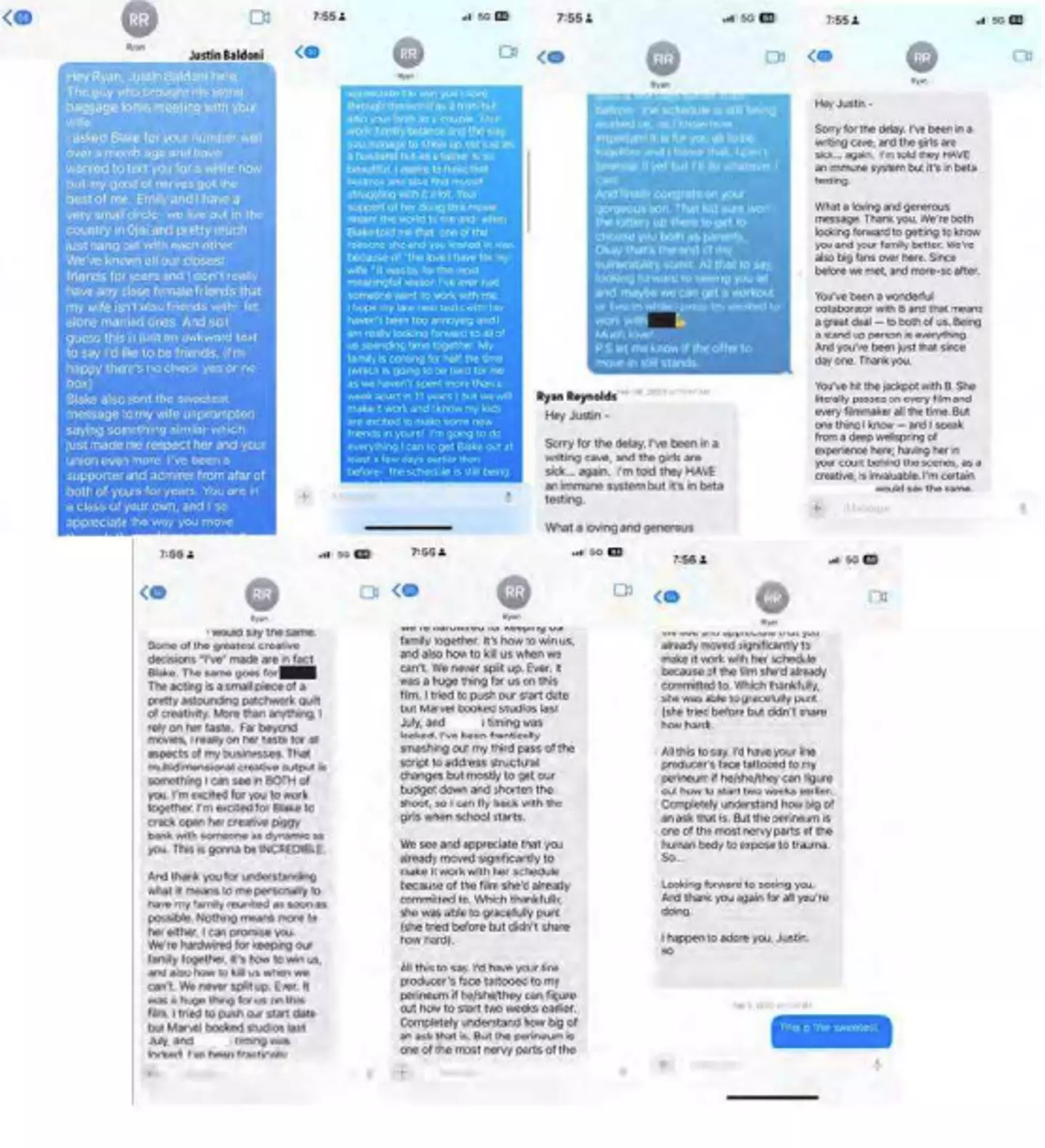 Screenshots of text allegedly sent by Ryan Reynolds (Justin Baldoni)
