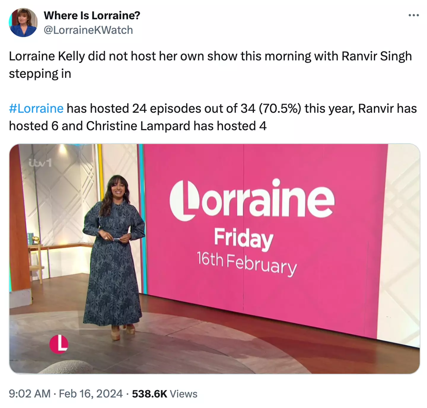 The account posts daily updates about who's hosting Lorraine.