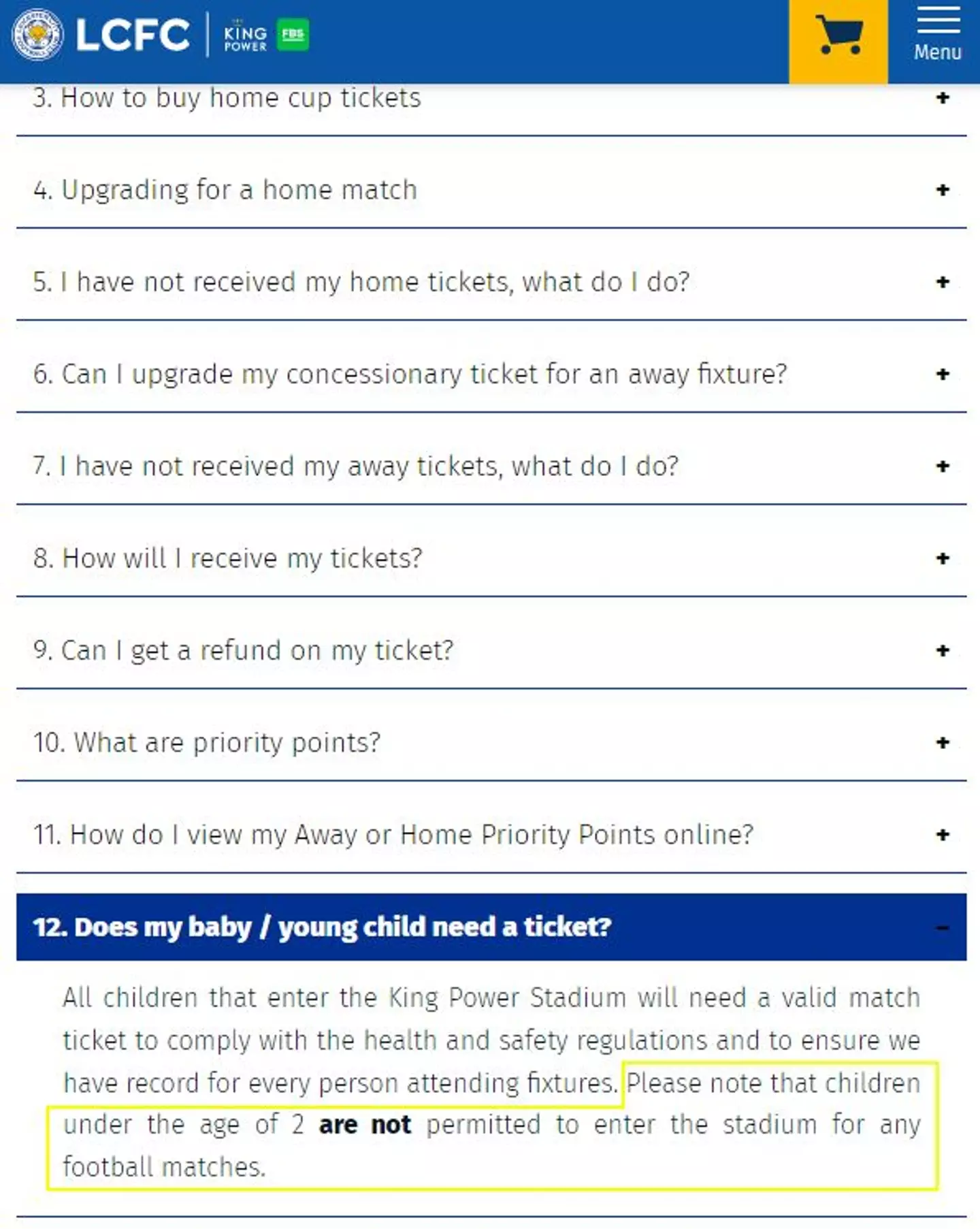Leicester City's rules do say children younger than two aren't allowed in for games, though the mum and her baby were let into the stadium on the day.