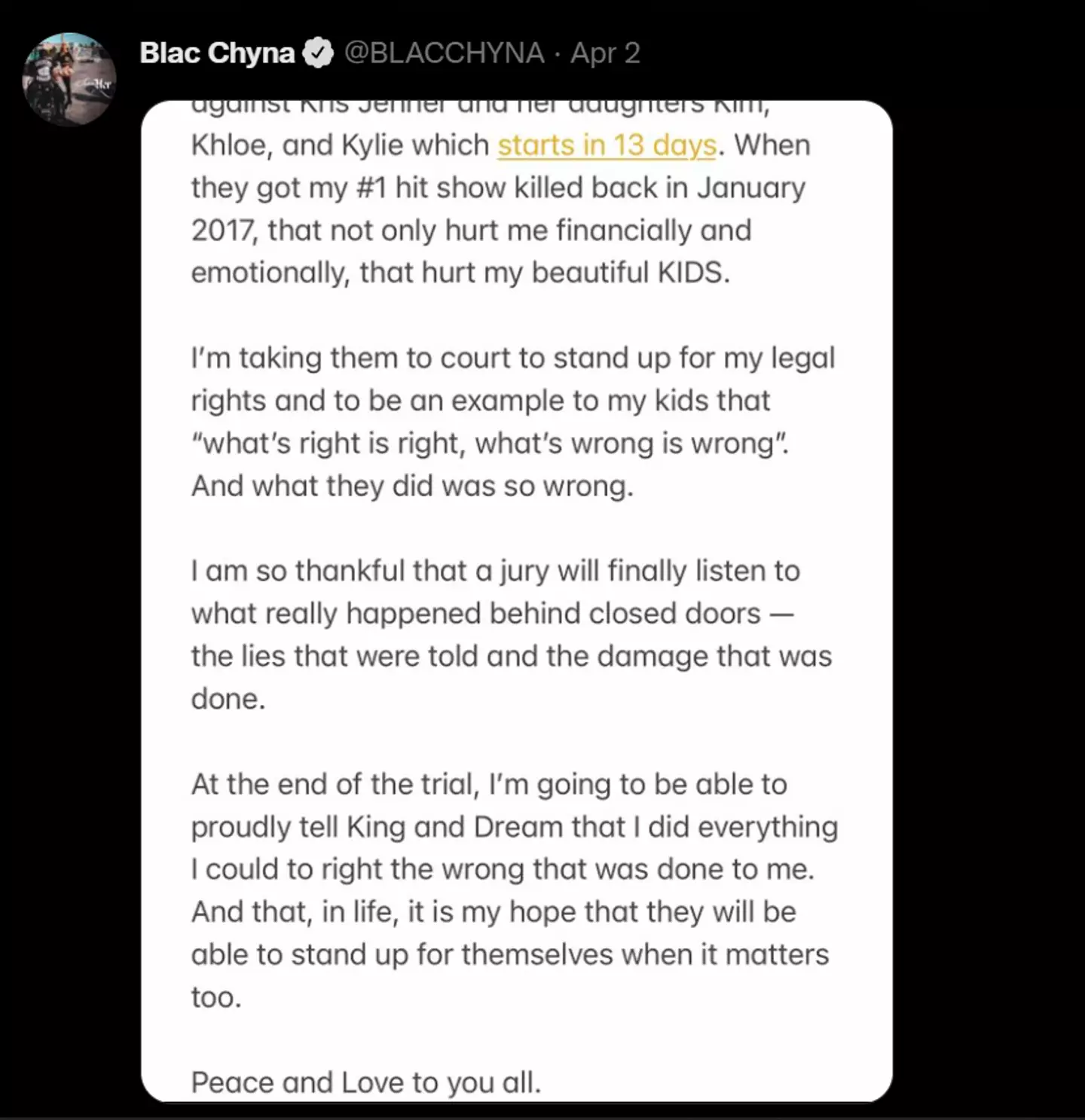 The reality star posted a statement regarding the upcoming trial on Twitter (