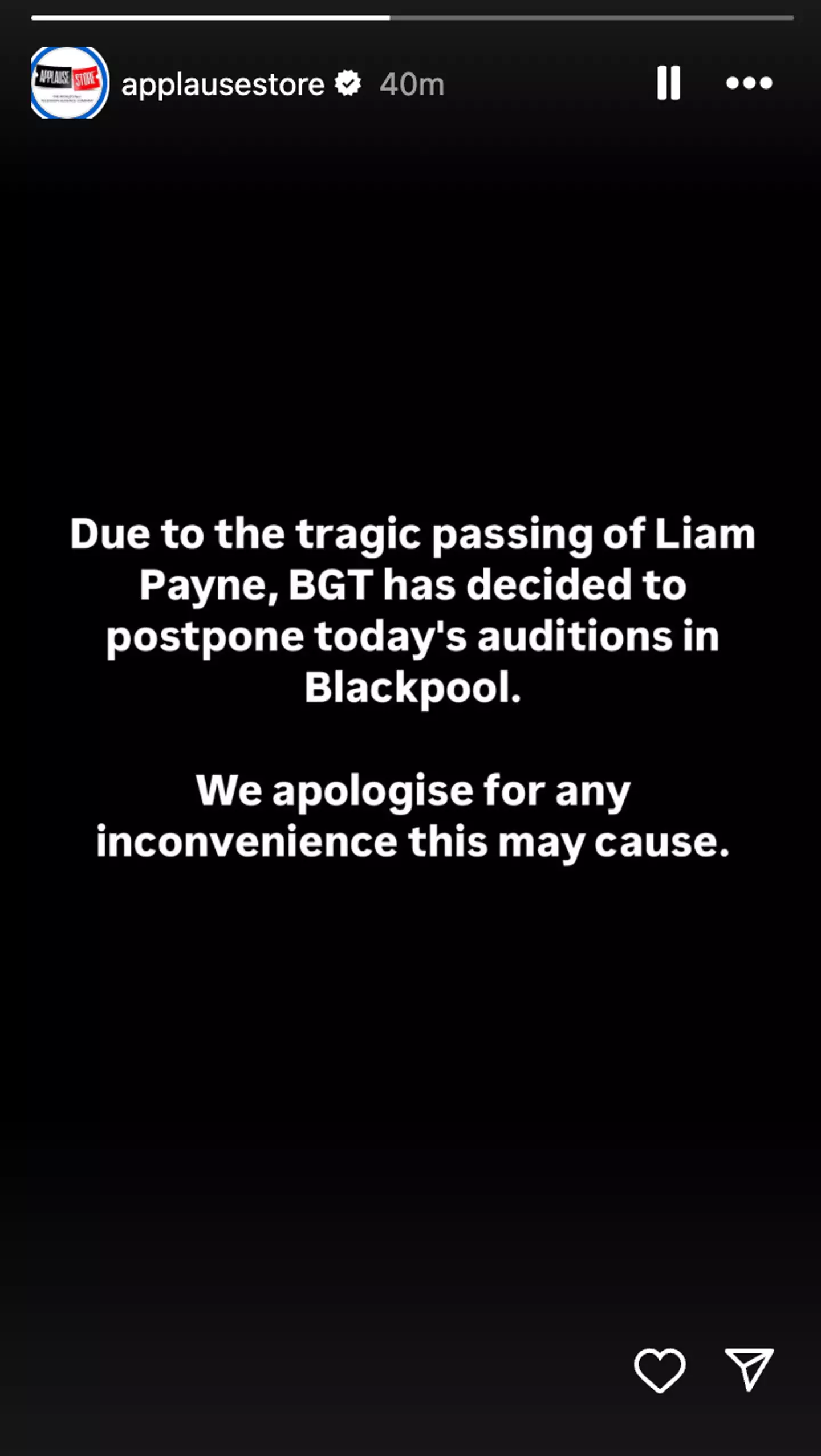BGT's studio has cancelled today's auditions today due to Payne's passing (Instagram/@applausestore)
