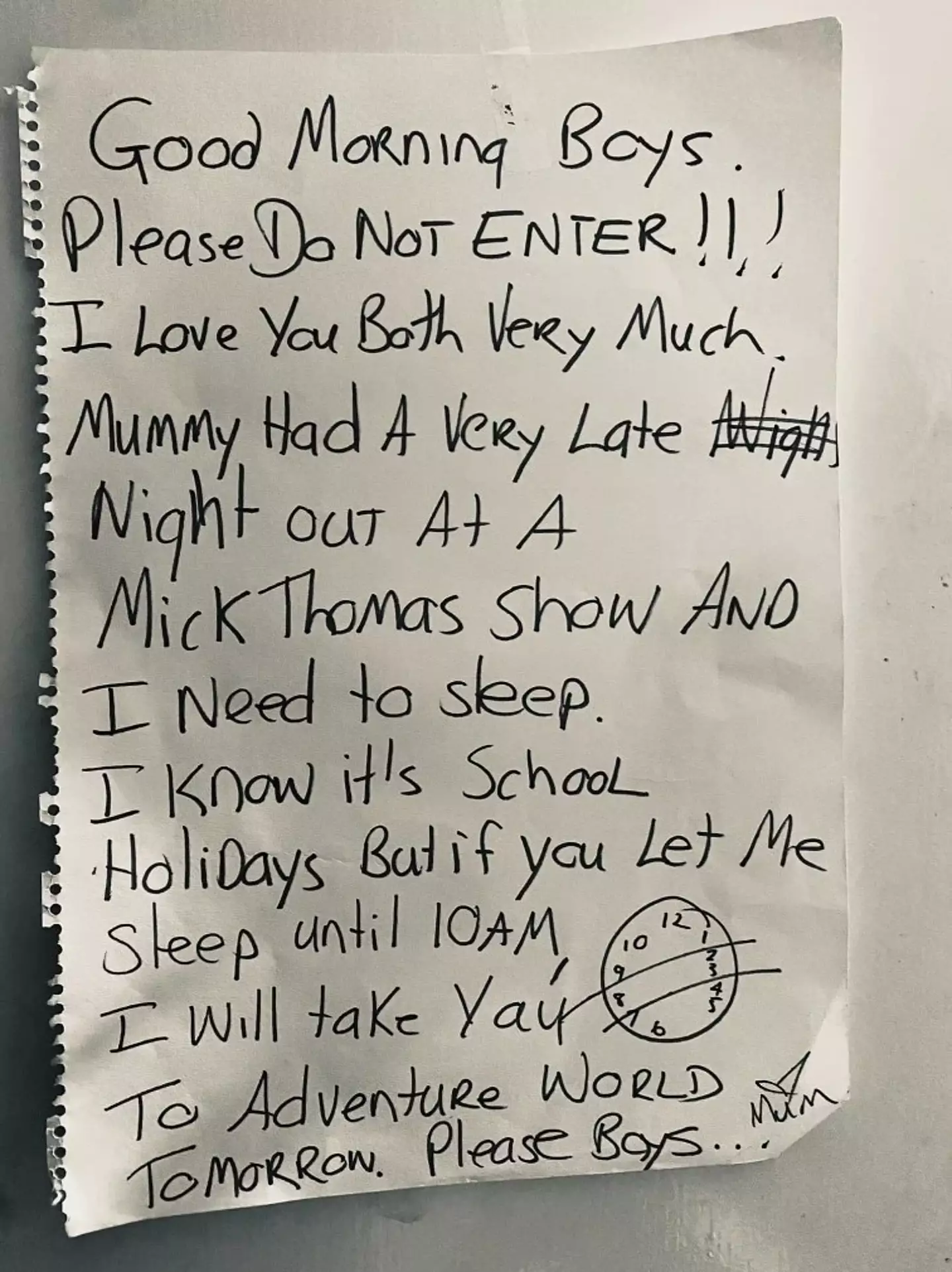 The mum left a note outside her bedroom door.