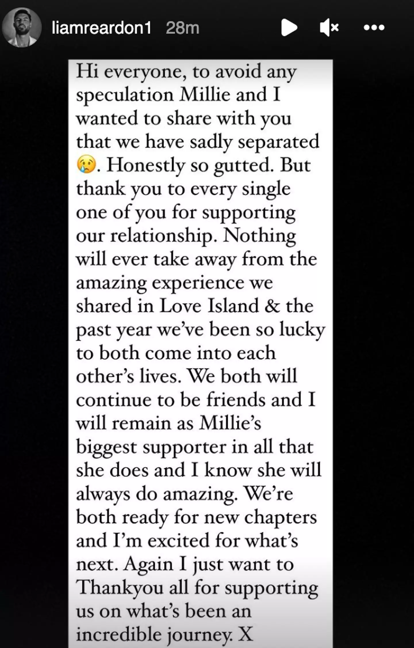 Liam released a statement on Instagram.