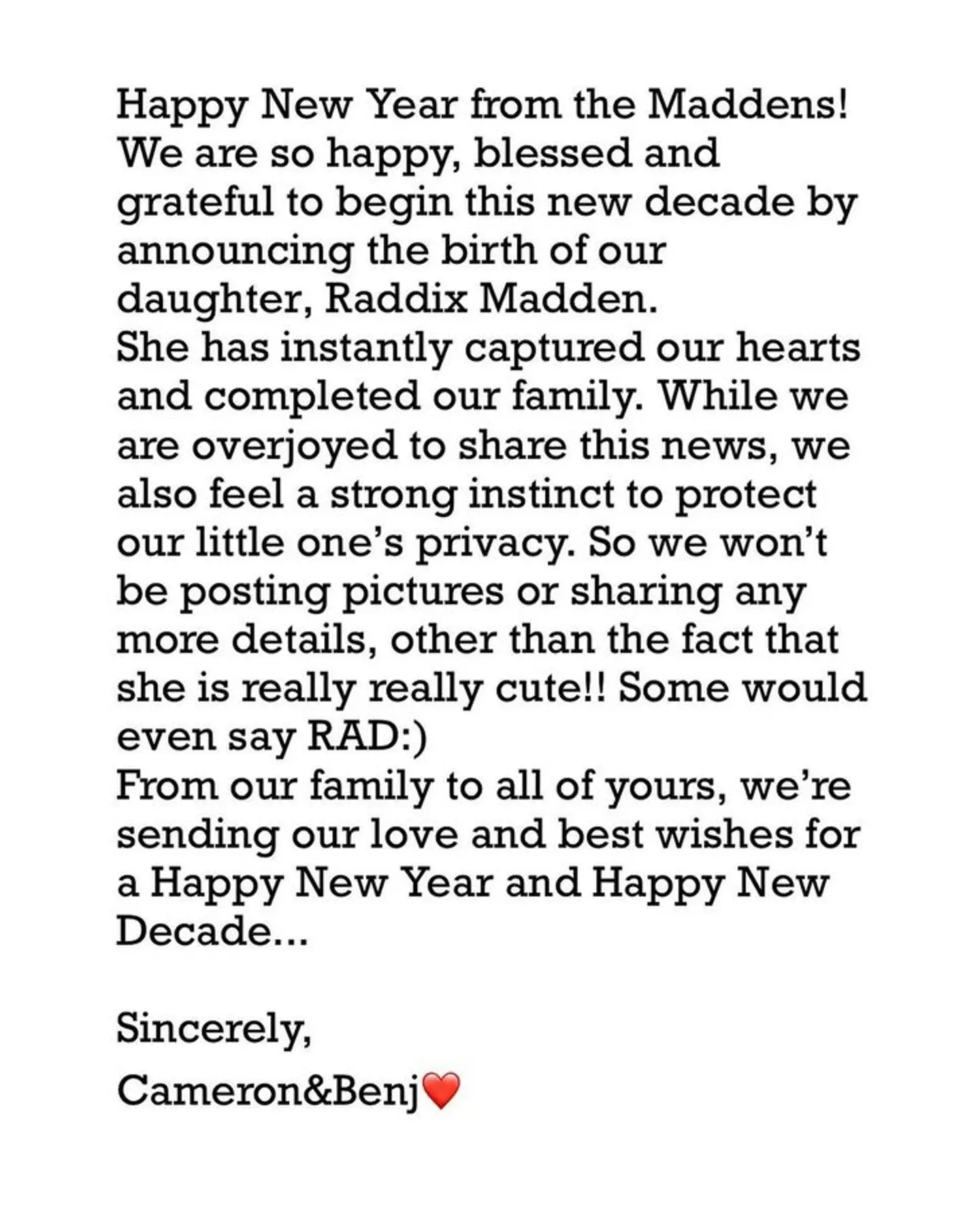 The new mum wrote a sweet message on Instagram. (Instagram/@camerondiaz)