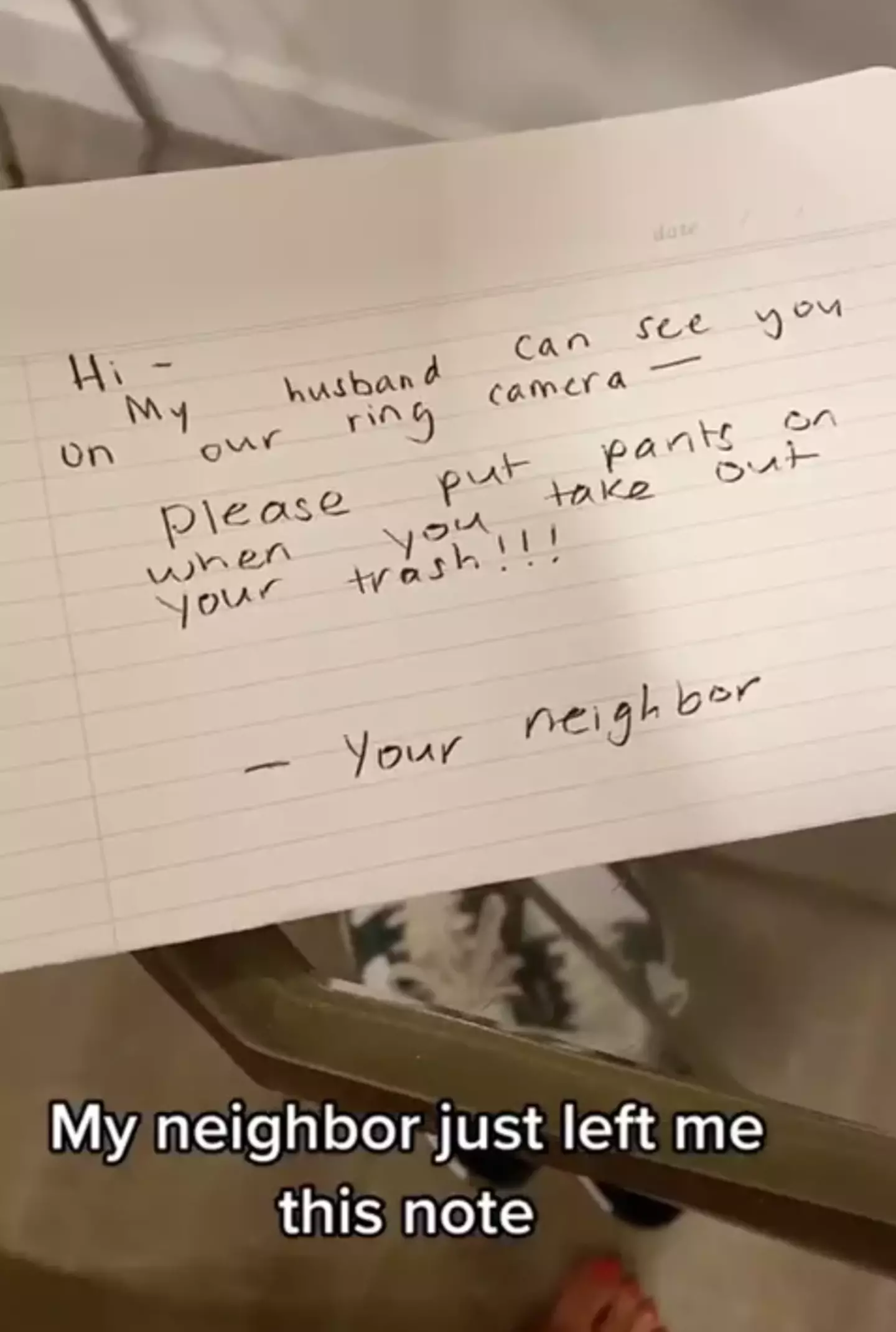 The note was sent after the TikToker took her bins out.