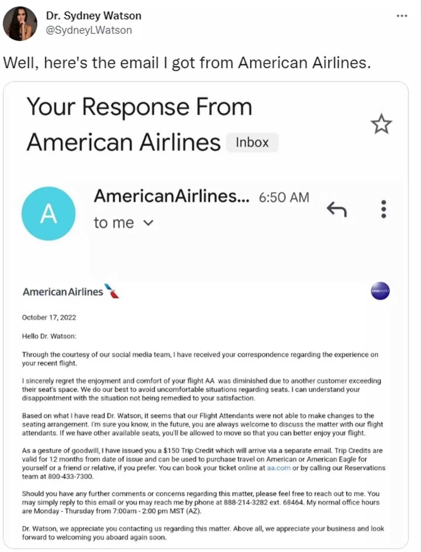 The woman shared the airline's response on social media.