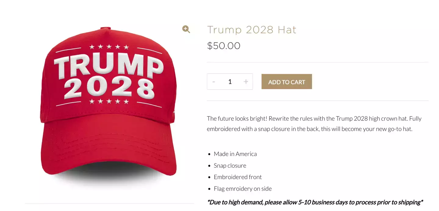 The 'TRUMP 2028' hats have proved to be particularly controversial, given the fact that they are quite literally unconstitutional (Trump Store)