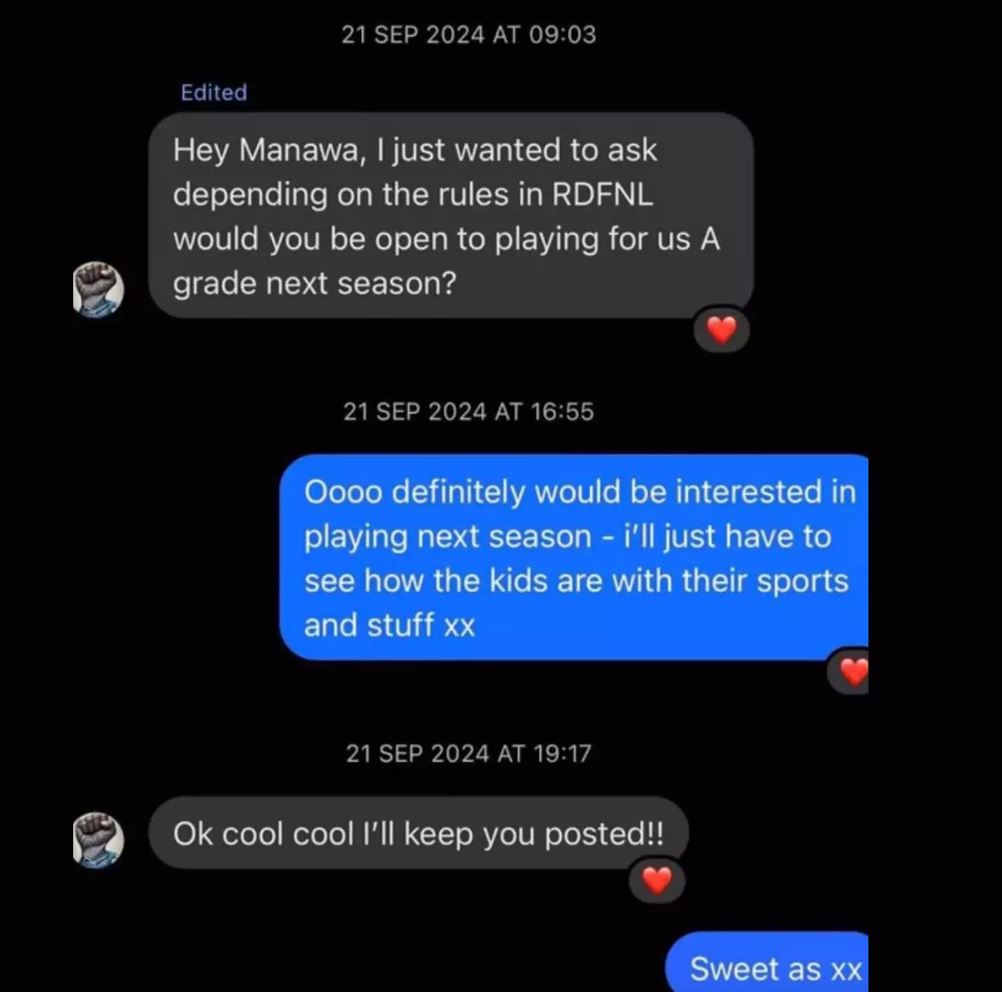 Arunui included a screenshot of an alleged conversation with a Melton South coach (Facebook)