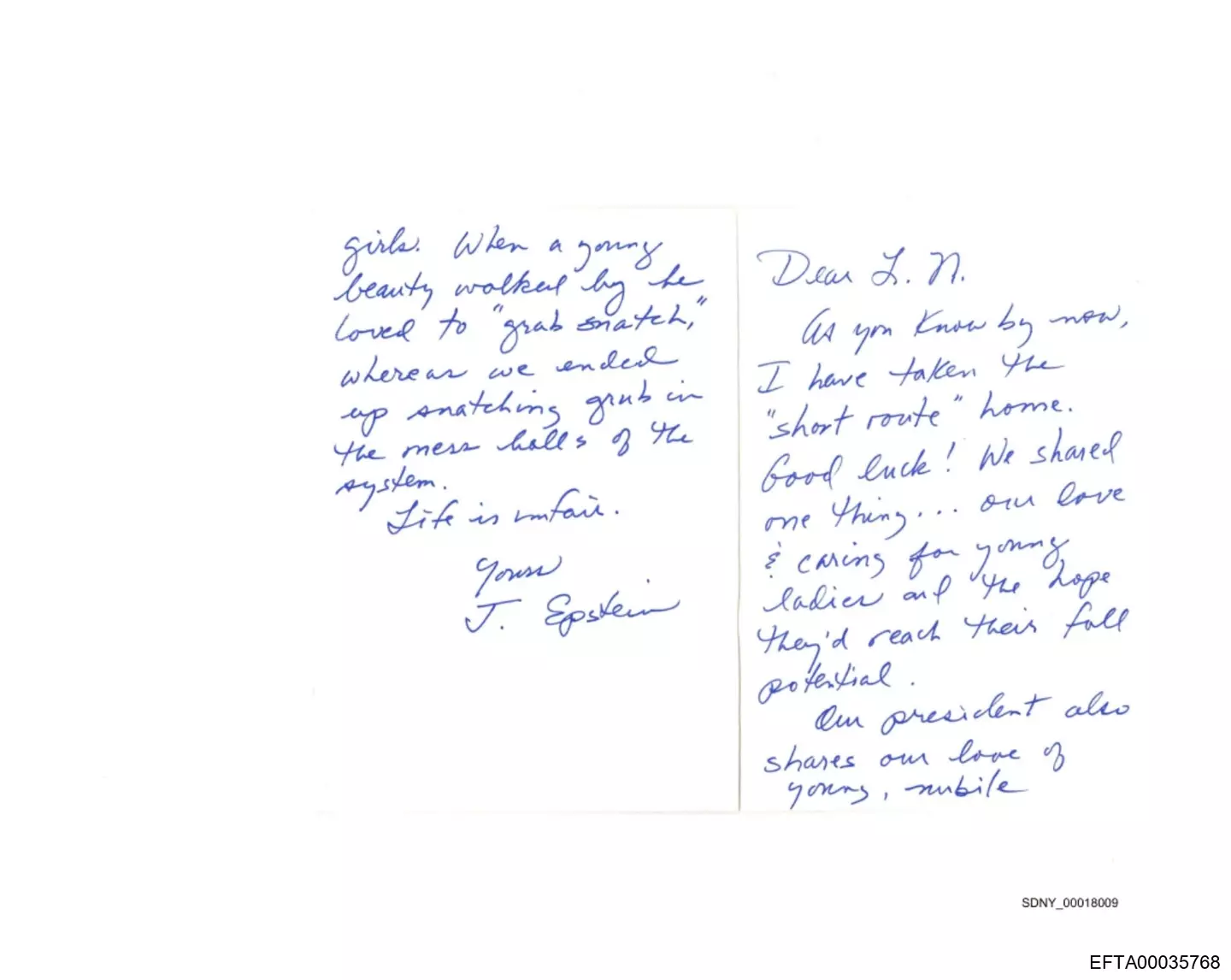 The newly-released files include a letter claiming a 'president' shared 'love for young girls' (US Department of Justice)
