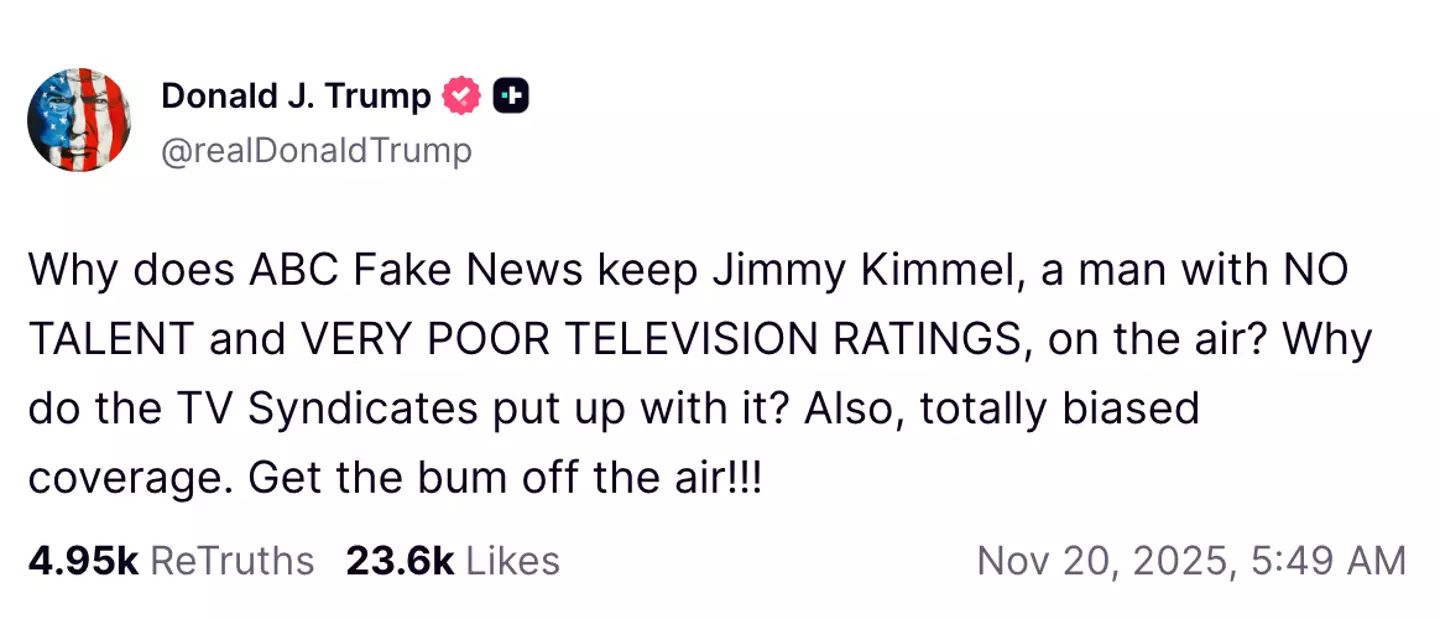 Trump has once again been left fuming over another episode of Jimmy Kimmel Live! (Truth Social/@realDonaldTrump)