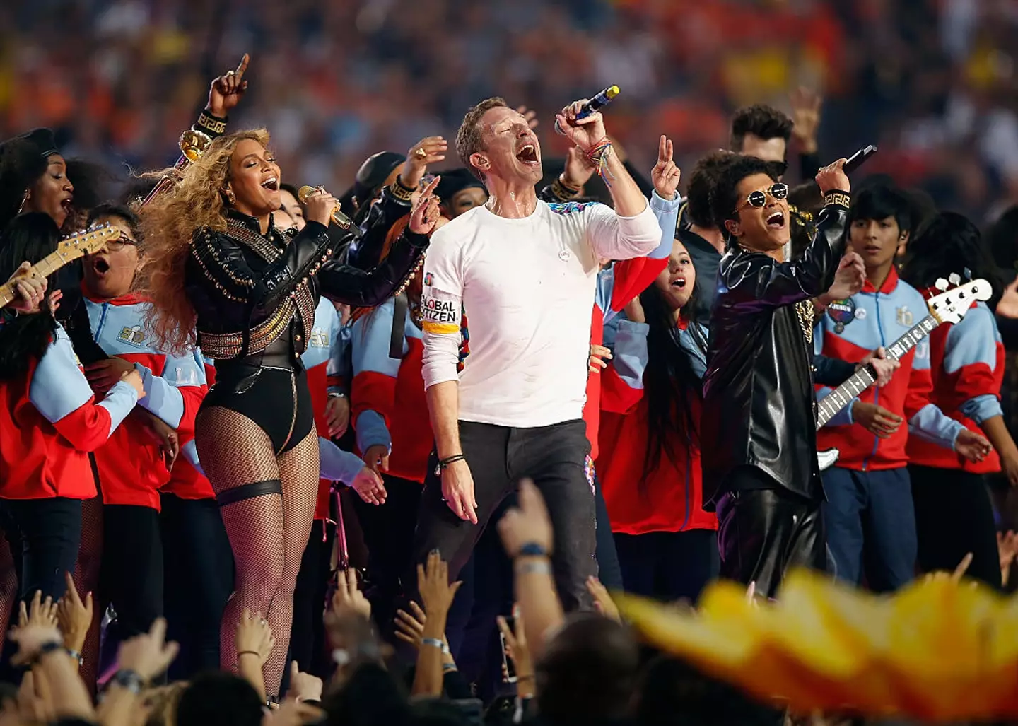Beyonce, Chris Martin of Coldplay and Bruno Mars perform during Super Bowl.