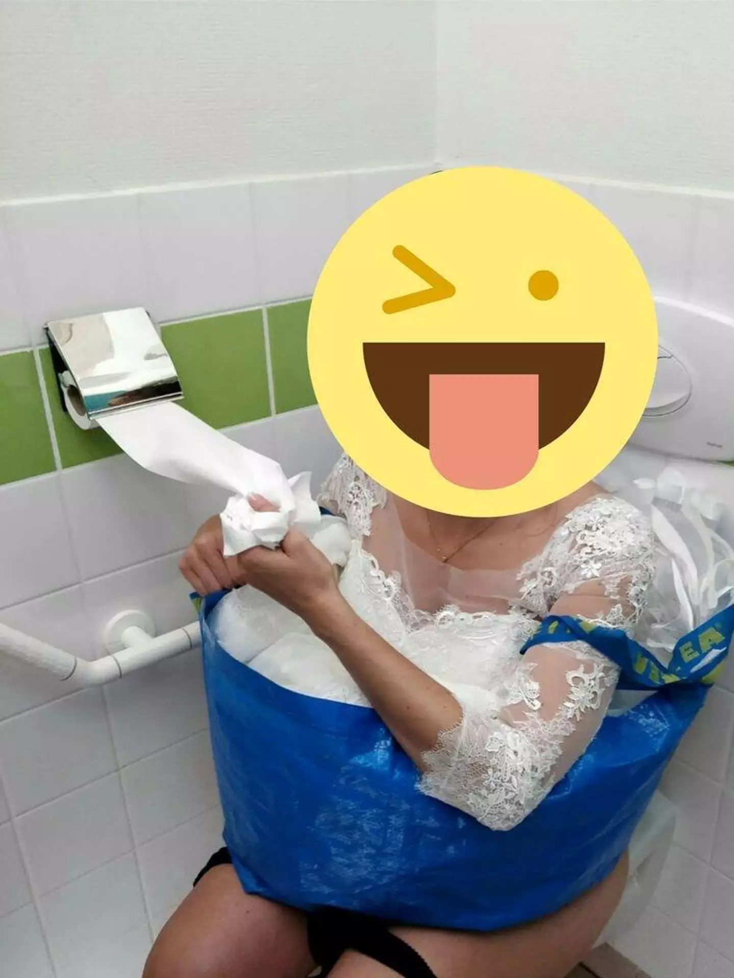 Tina cut a hole in the IKEA bag to make using the bathroom on her wedding day fuss-free.