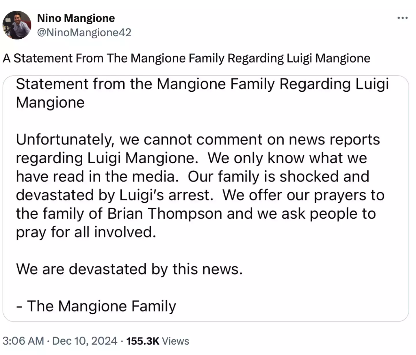 A statement from Mangione's family following his arrest (X/@NinoMangione42)