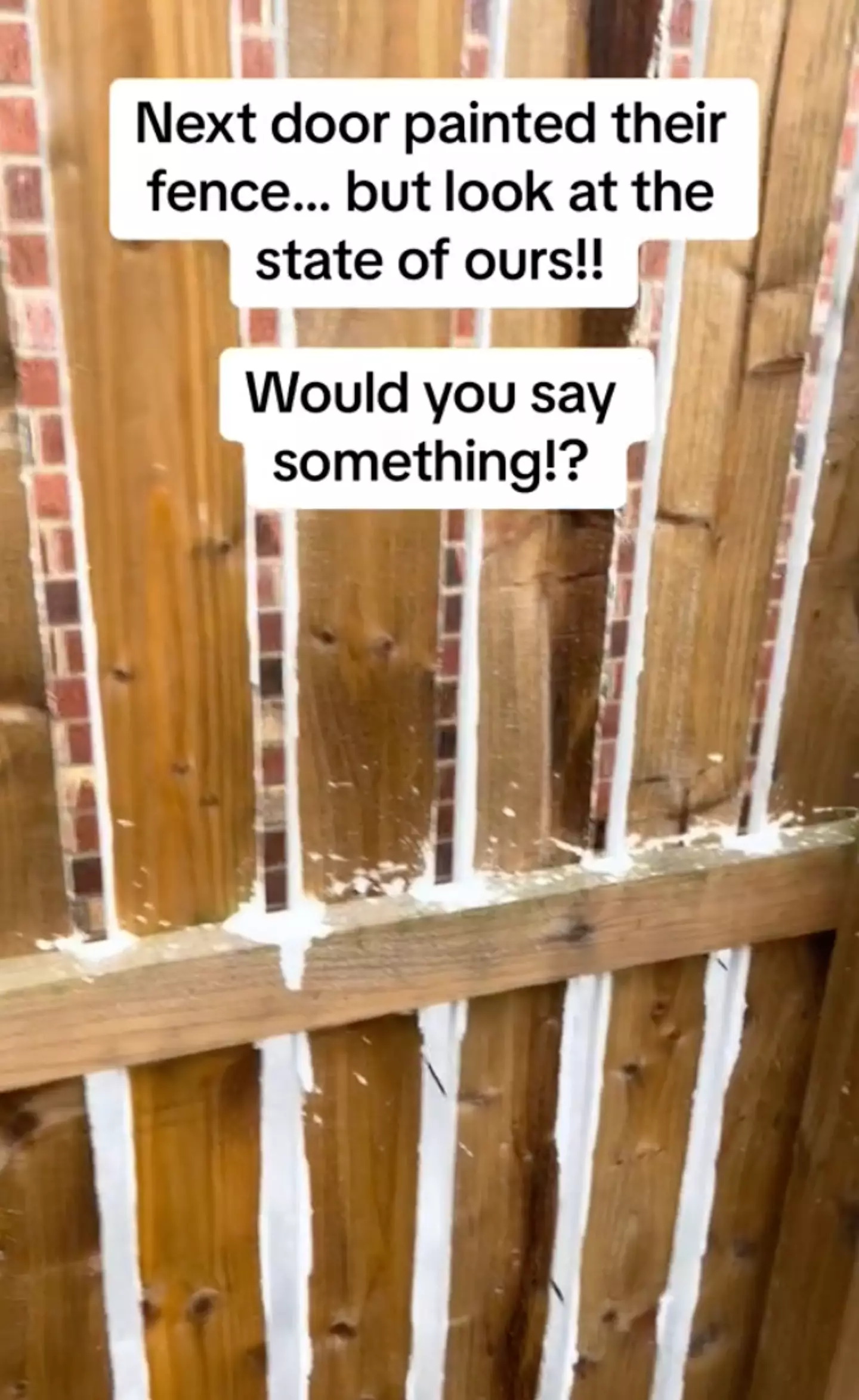 The mum showed off the results of her neighbour's badly painted fence.