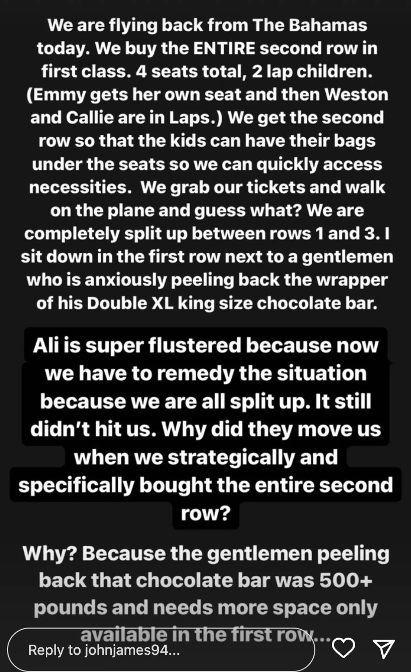 John James took to Instagram to rant about his family being separated on their flight to accommodate an obese man.