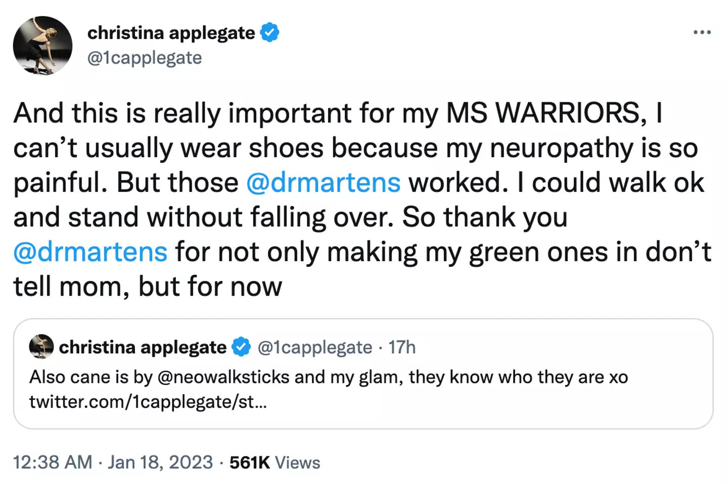 The actor also thanked Dr Martens and Neo Walk for helping her walk.