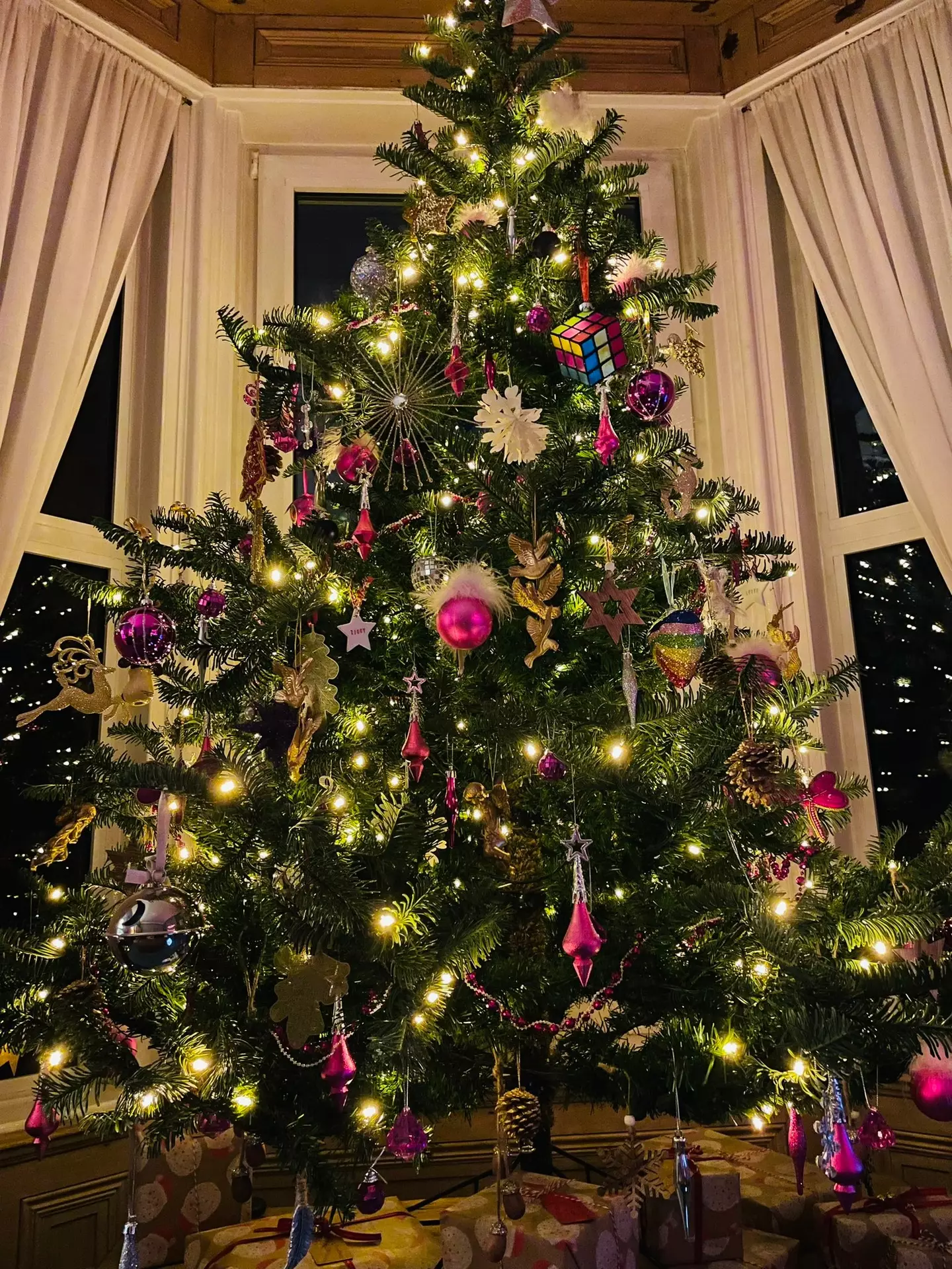 The family had a fully decorated tree with presents underneath.