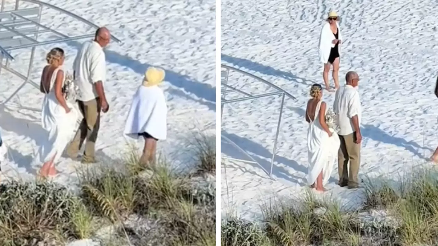 People left divided after 'oblivious lady' walks through beach wedding
