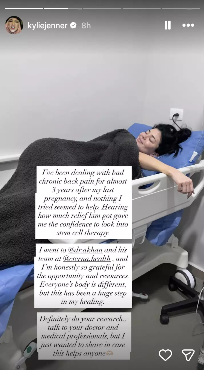 The mum of two revealed she was having stem cell treatment for her chronic back pain (Instagram/@kyliejenner)
