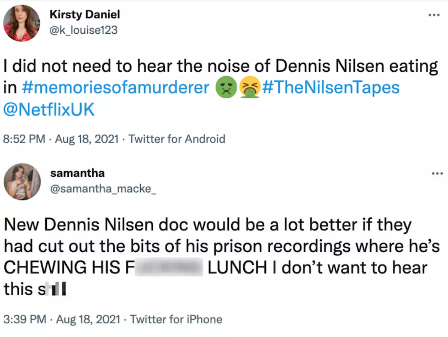 Viewers were creeped out after hearing Dennis Nilsen chewing his lunch (