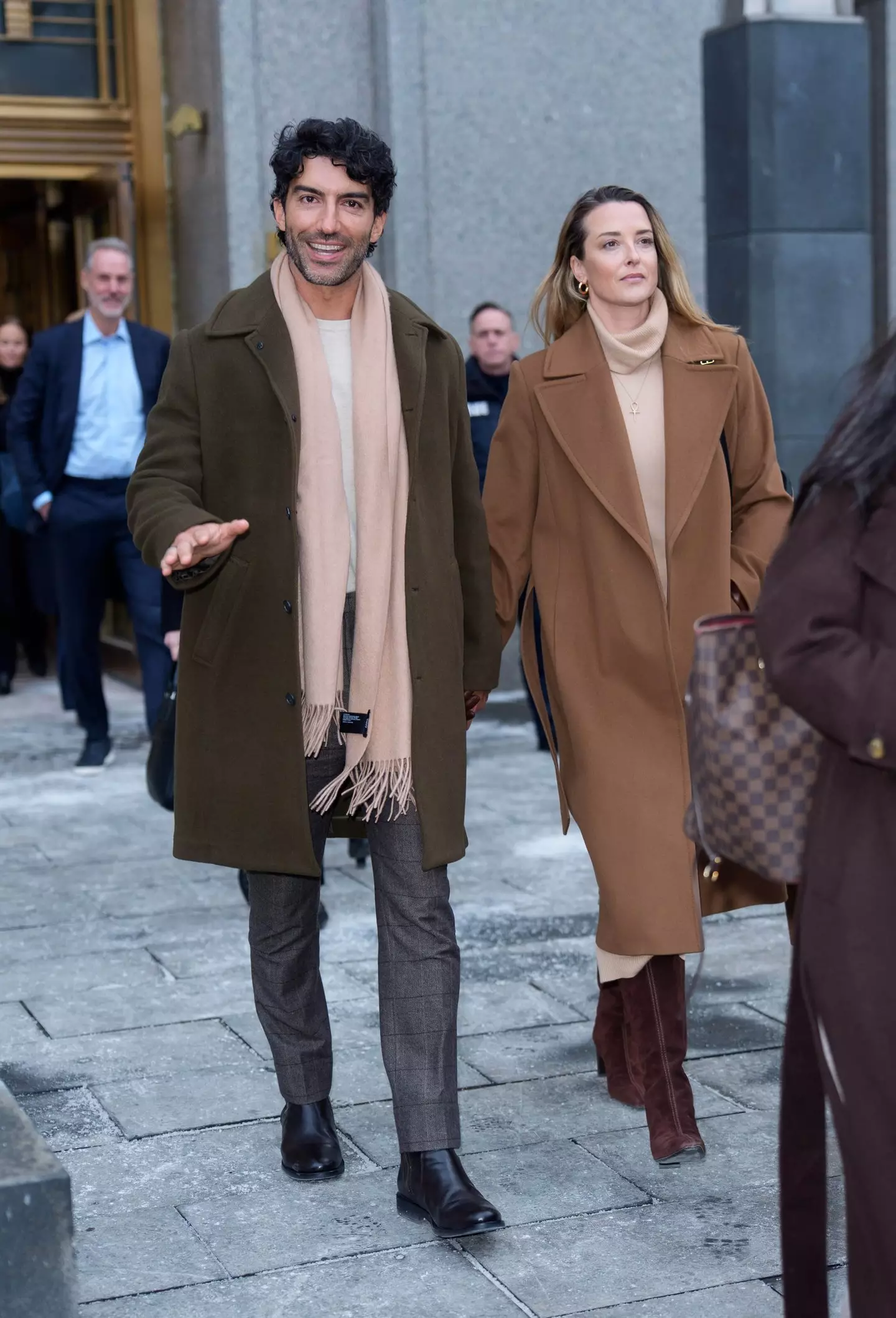 Meanwhile, Justin Baldoni wore an olive coat and pink scarf (XNY/Star Max/GC Images)