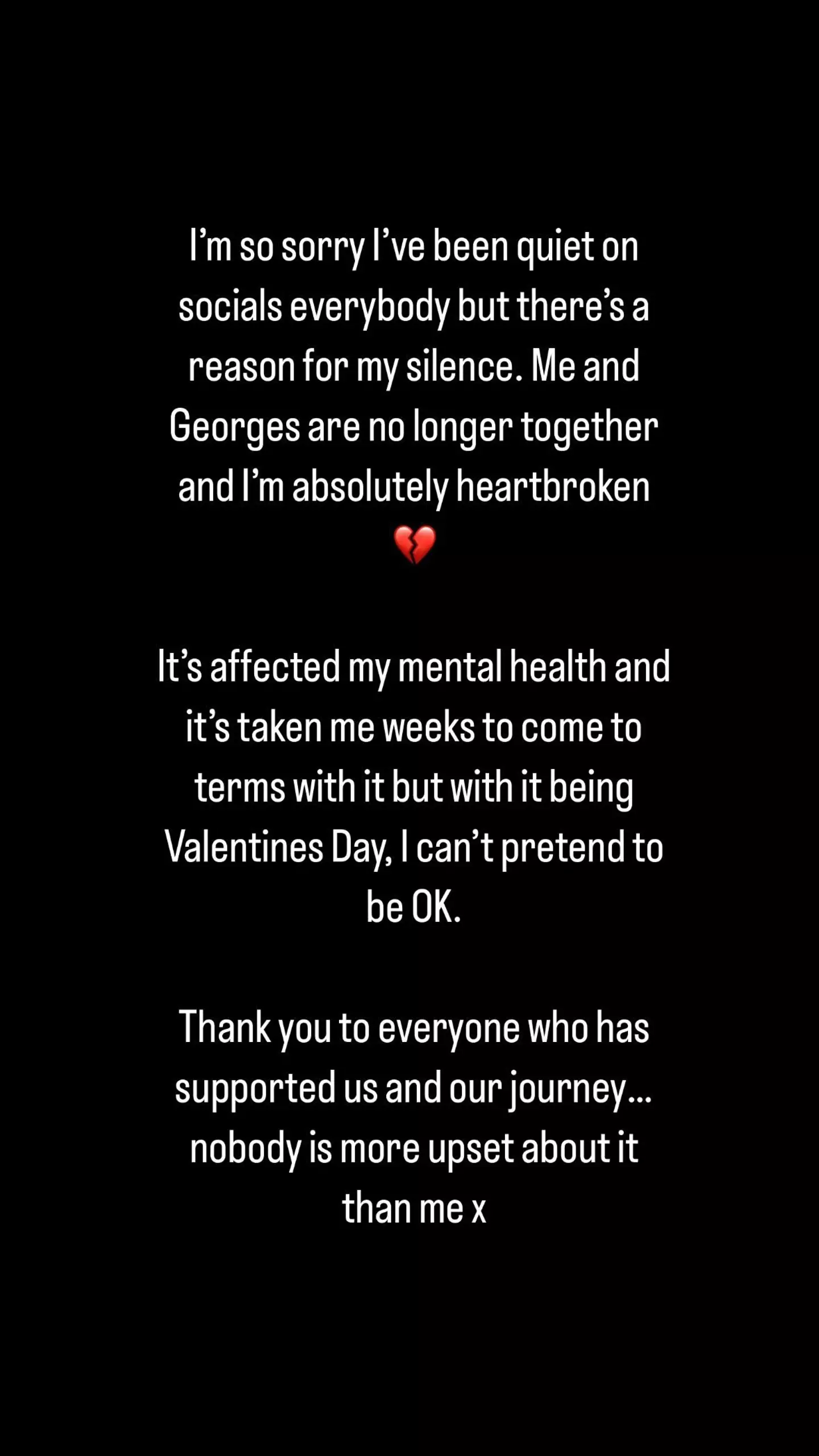 Peggy Rose announced her split from Georges Berthonneau on Instagram this afternoon (14 February).