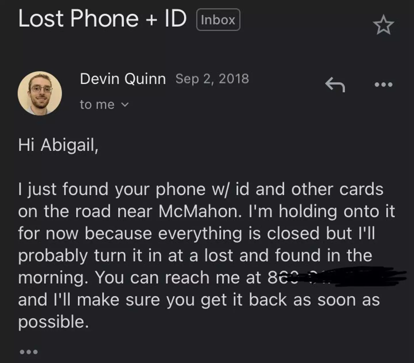 Devin found the lost phone and emailed Abby (