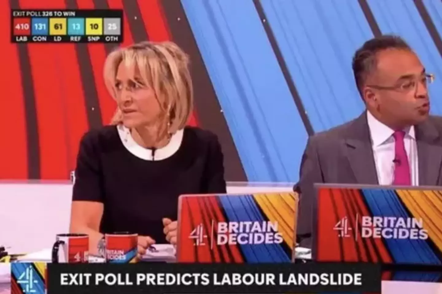 Emily Maitlis sat on the left-hand side of the camera during the general election coverage. (Channel 4)