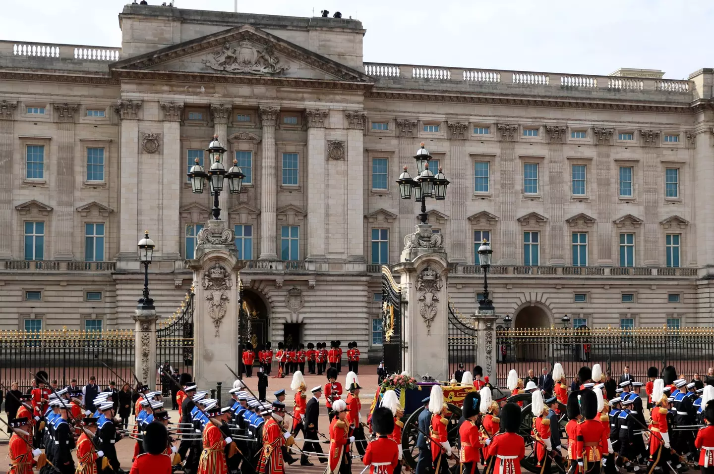 The Queen's funeral procession passing Buckingham Palace.