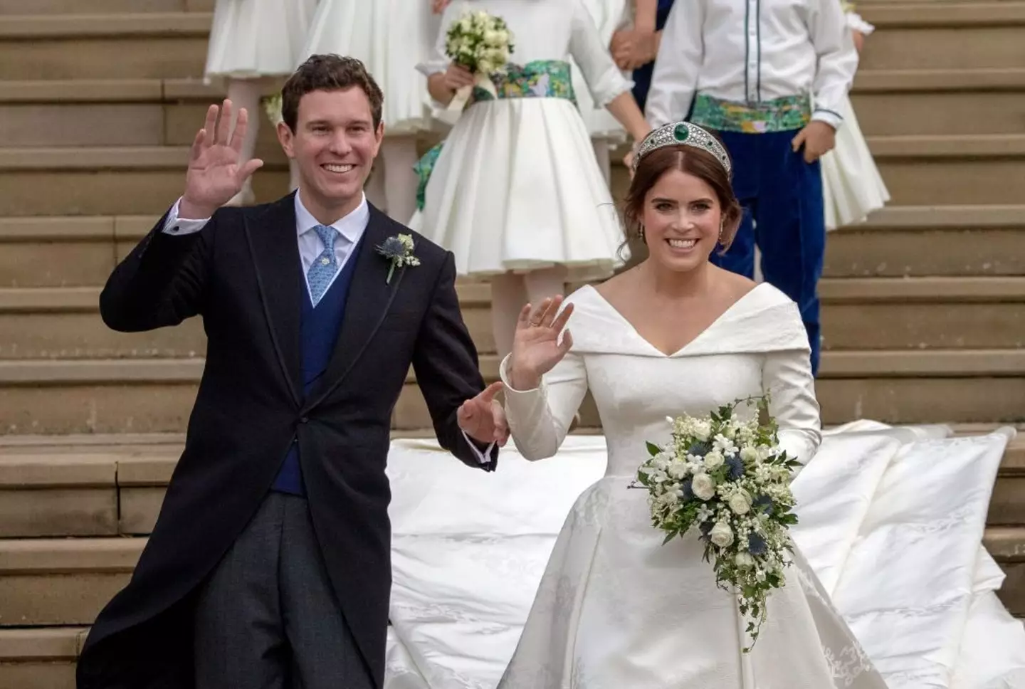 Princess Eugenie shares two children with husband Jack Brooksbank, though they don't hold titles (STEVE PARSONS/AFP via Getty Images)