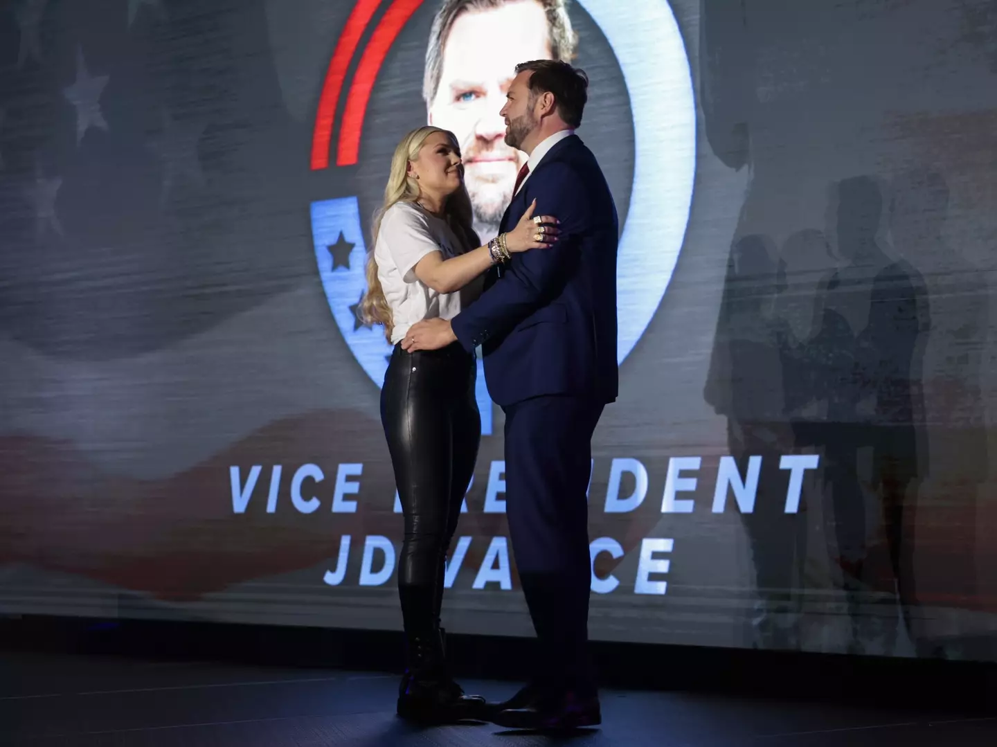 Erika Kirk has broken her silence following a viral clip of herself and JD Vance hugging sparked debate online (Jonathan Ernst-Pool/Getty Images)