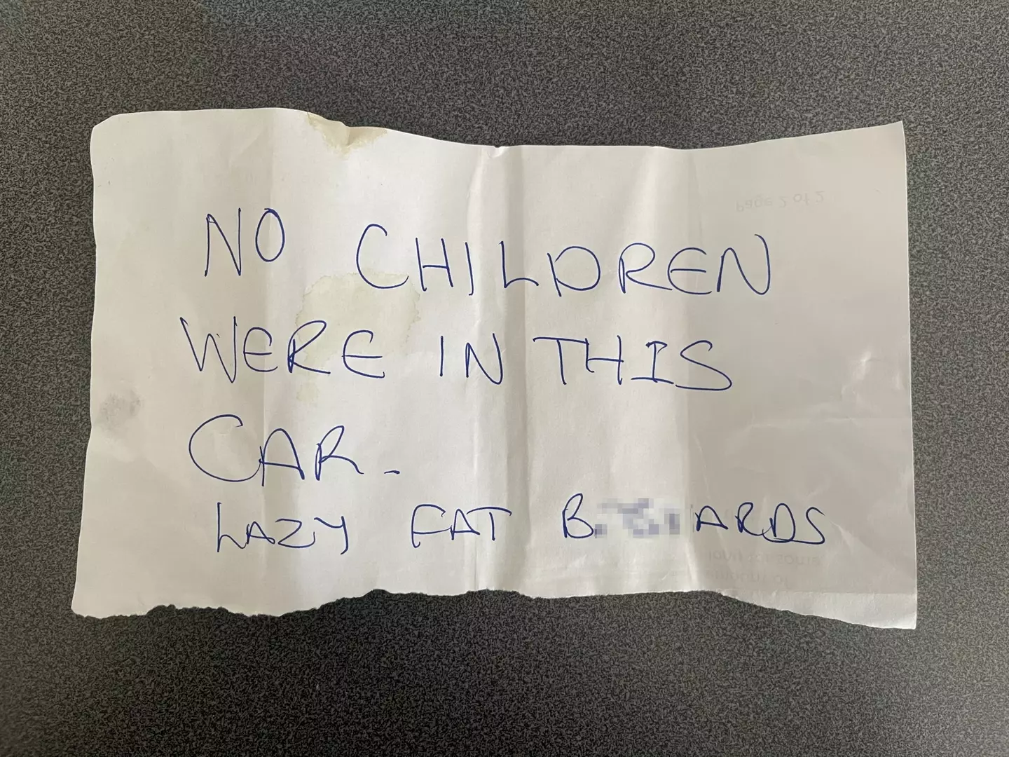 The note was found wedged under her windscreen.