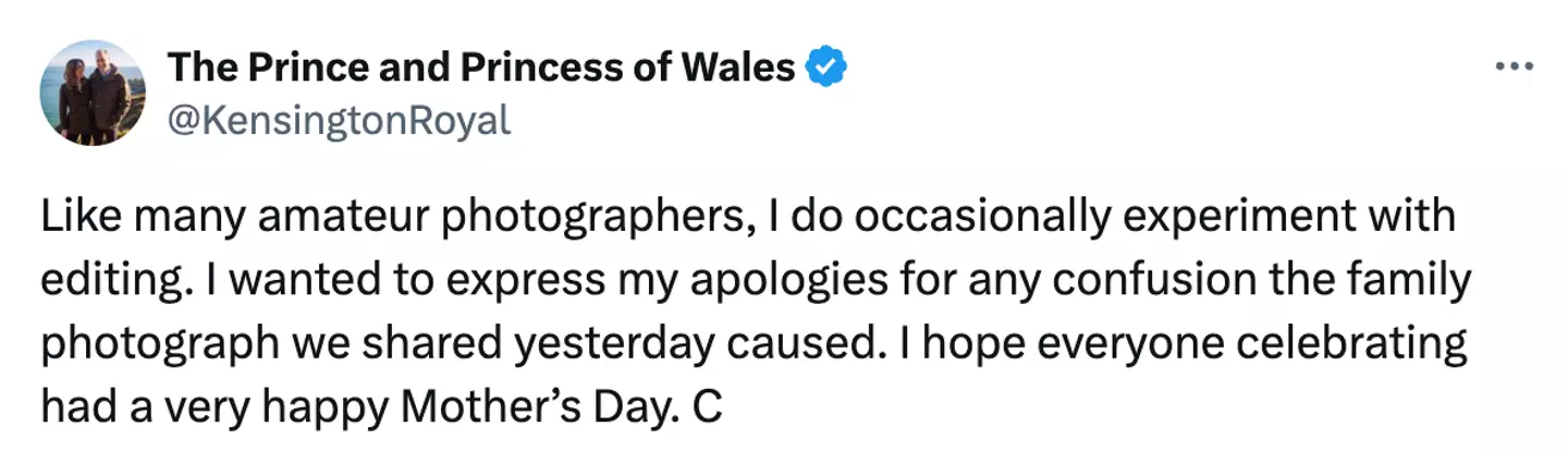 Kate has since apologised for the image in an official statement.