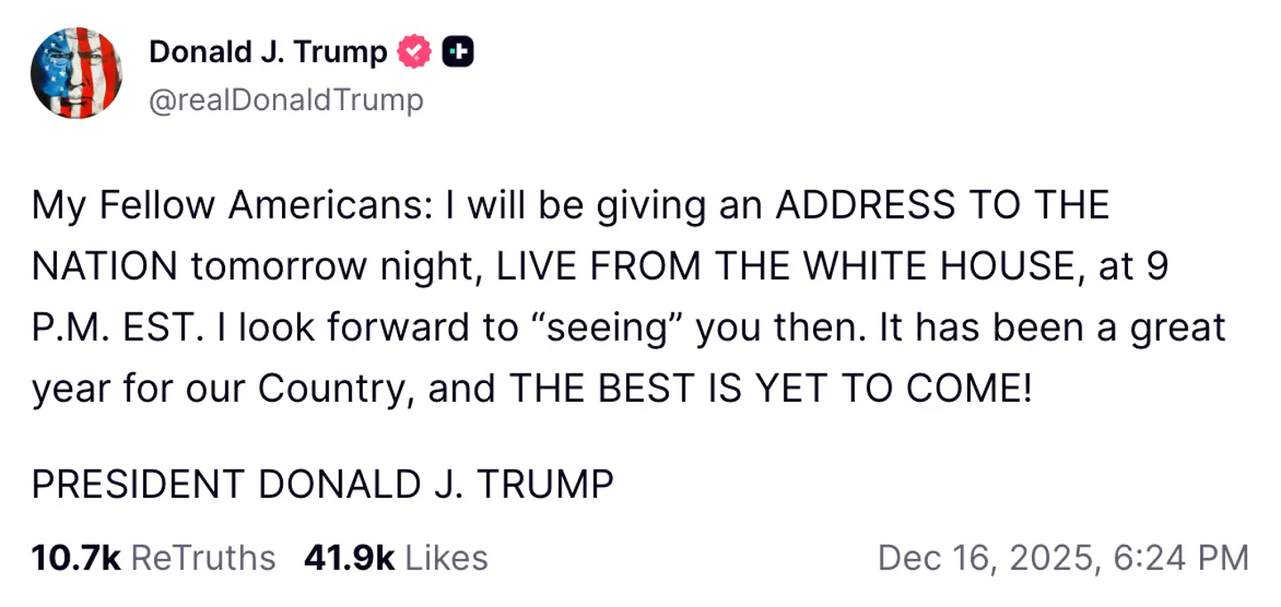 Trump made the announcement on Tuesday (Truth Social/@realDonaldTrump)
