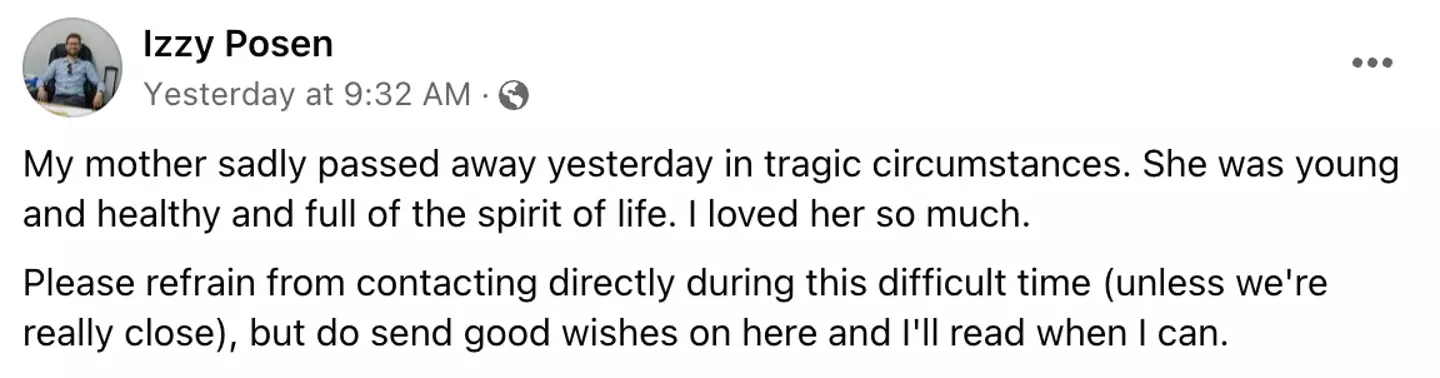 Miriam's son, Izzy, took to social media to share the news of his mum's passing.