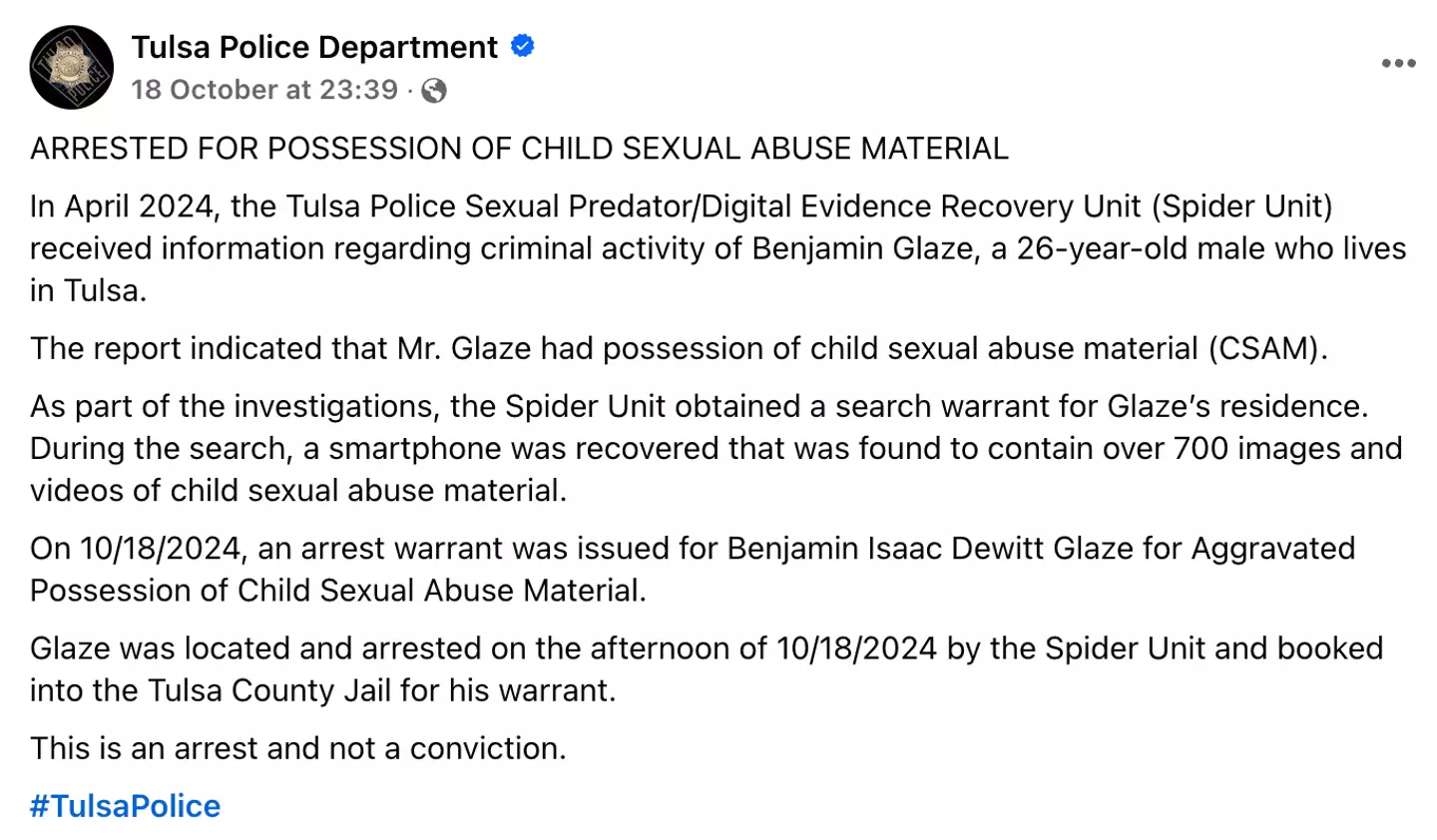 Tulsa Police issued an official statement on the arrest last week (Facebook/tulsapolice)