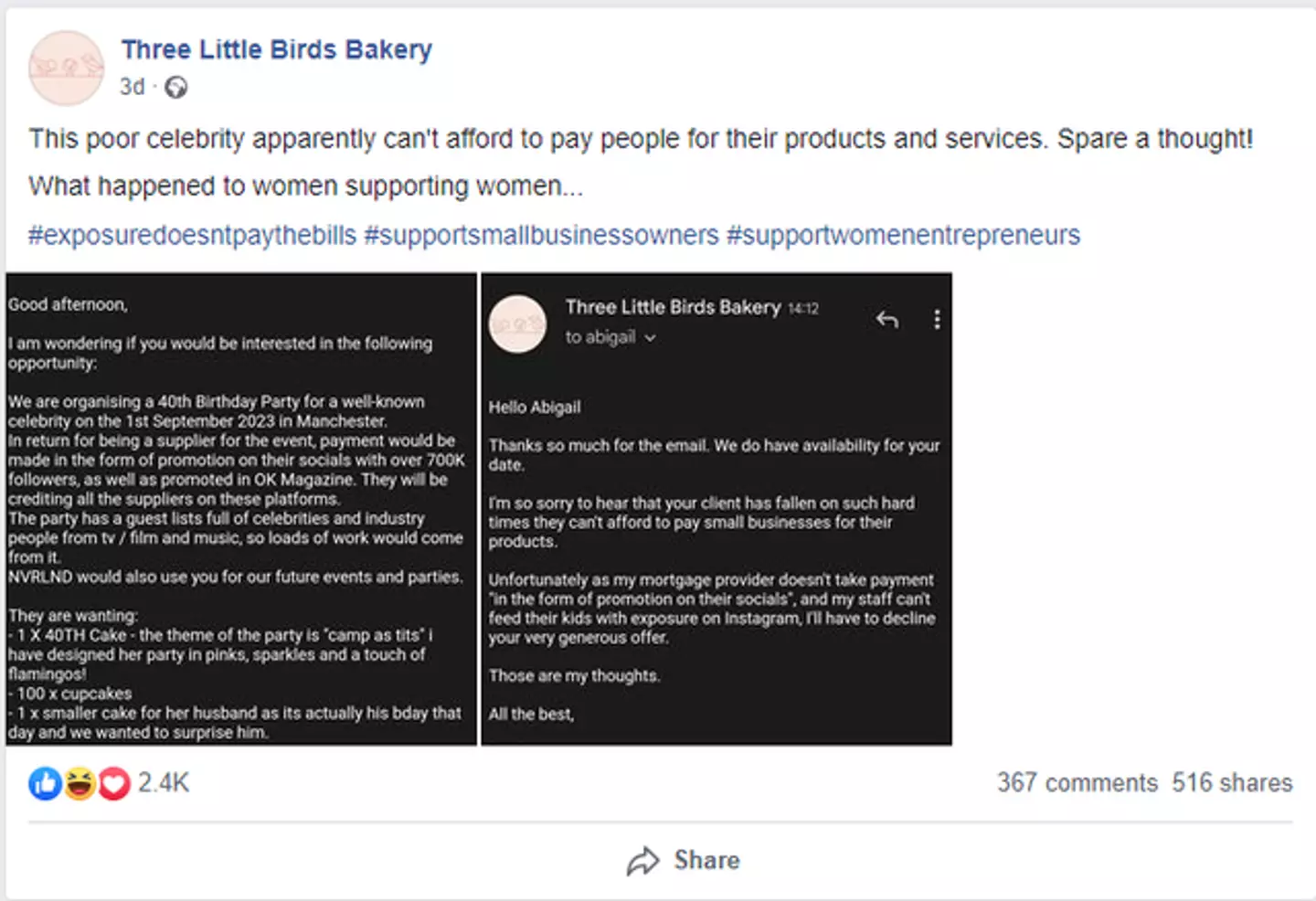 A Bradford bakery is being praised for its response to a ‘well-known celebrity’ offering ‘exposure’ in return for free cakes.