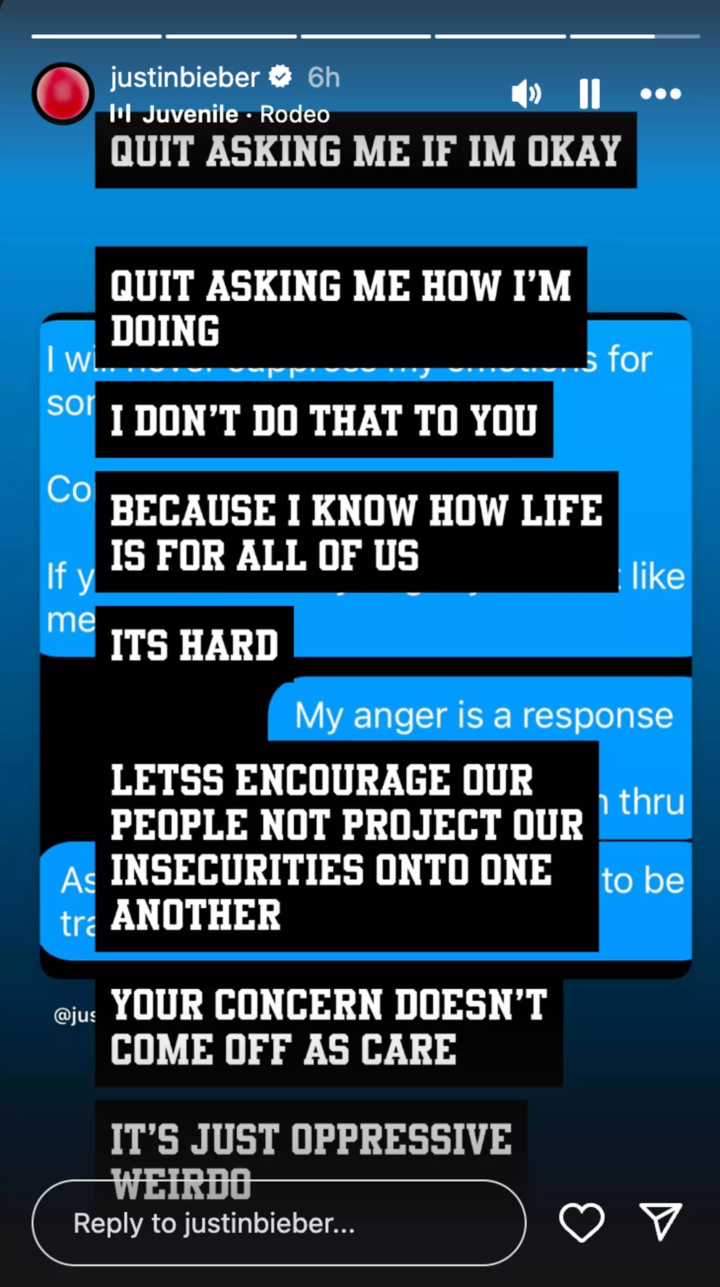 Justin also hit at 'weirdo' fans asking him if he was 'okay' (Instagram/@justinbieber)