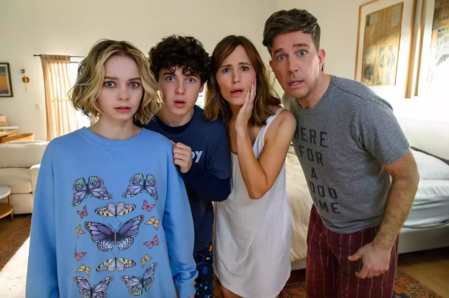 Family Switch stars Jennifer Garner, Ed Helms, Emma Myers and Brady Noon.