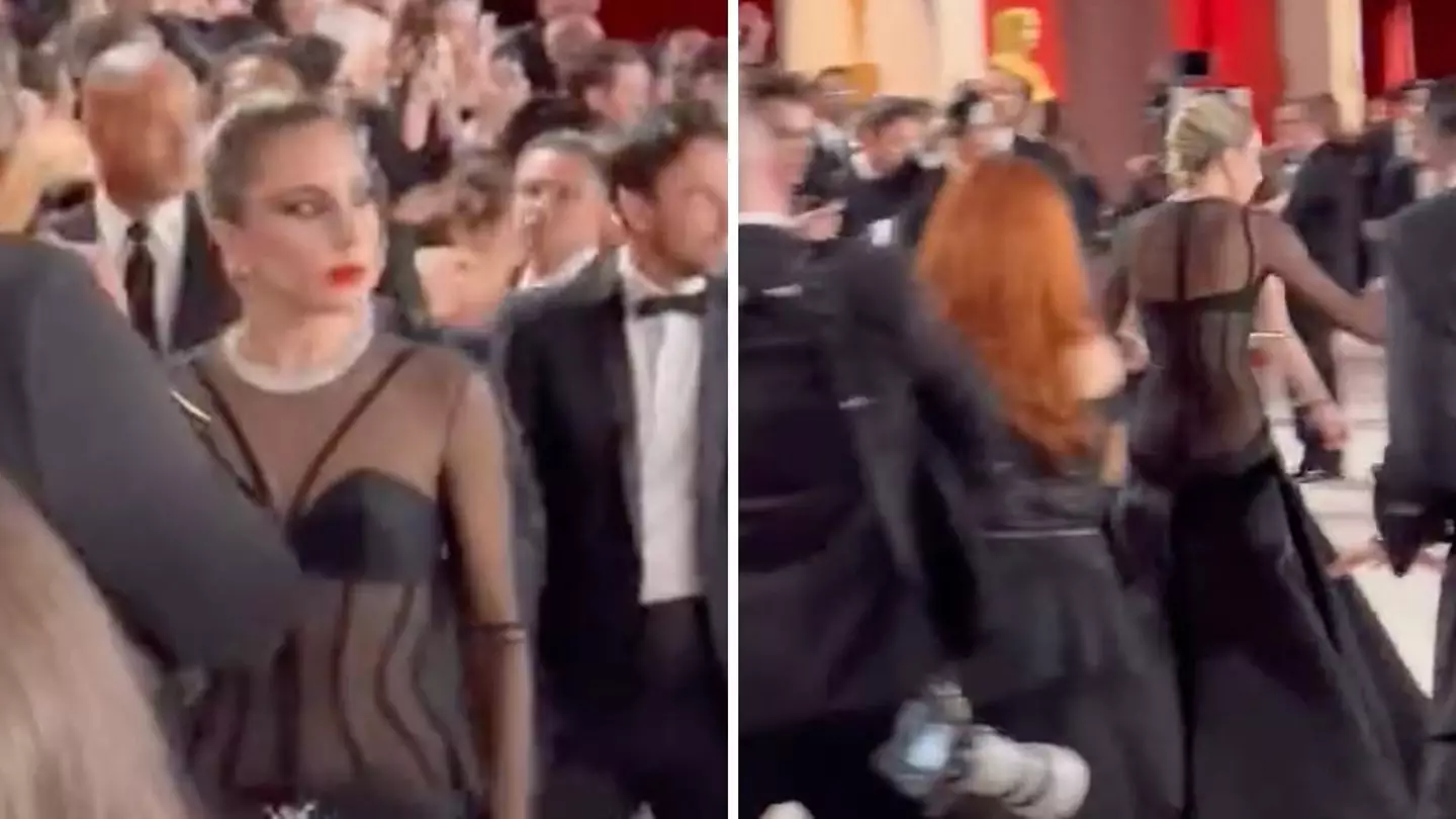 Lady Gaga runs to pick up paparazzi after he trips and falls on Oscars carpet