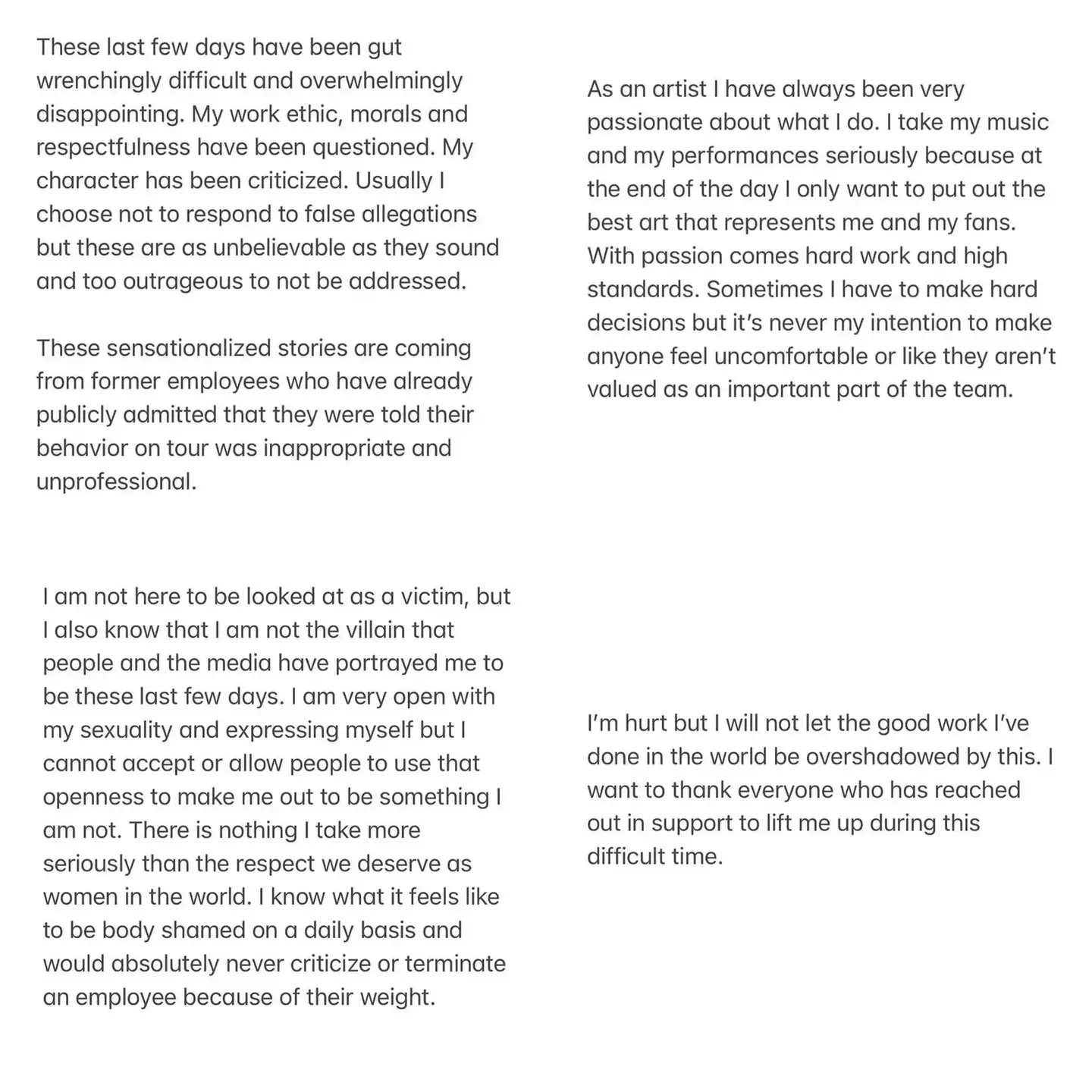 Lizzo's statement in response to allegations against her.