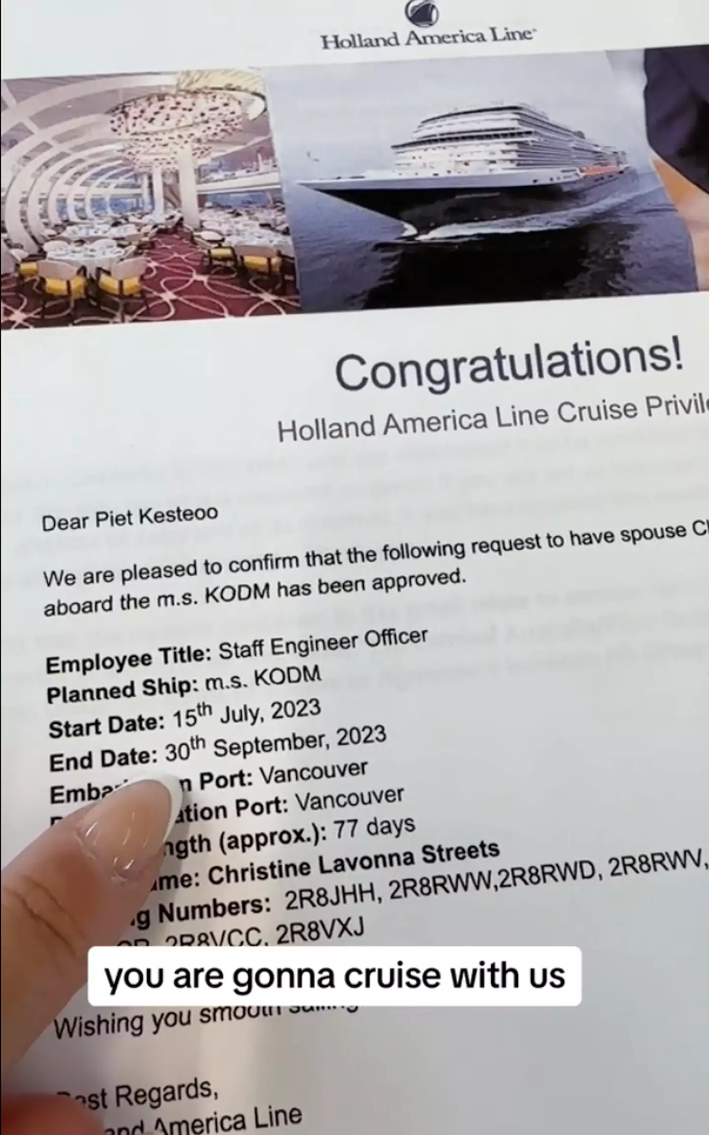 Christine and her husband will spend 77 days on a cruise ship to Alaska.