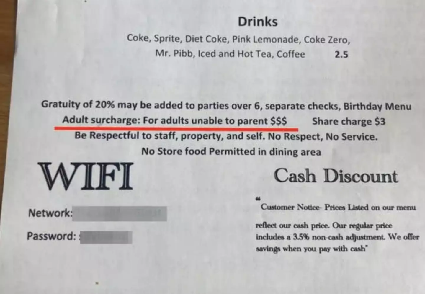 The menu stated the fee would be charged to 'adults unable to parent'.