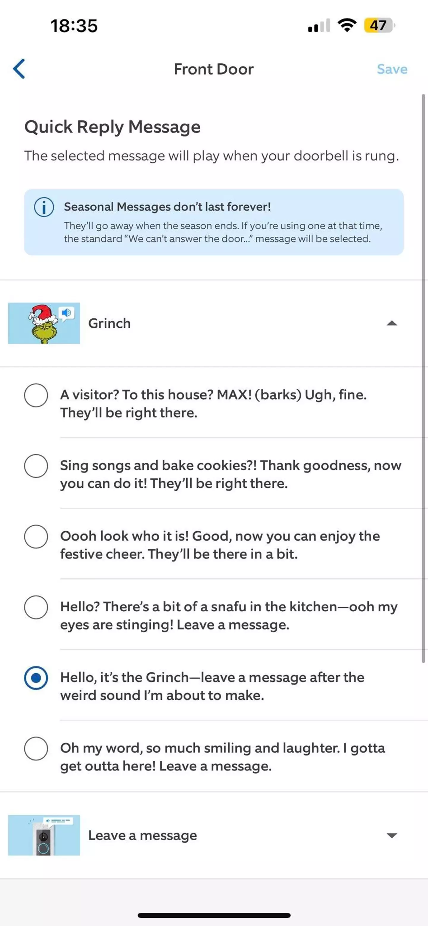 The Ring app has a range of Grinch sounds.