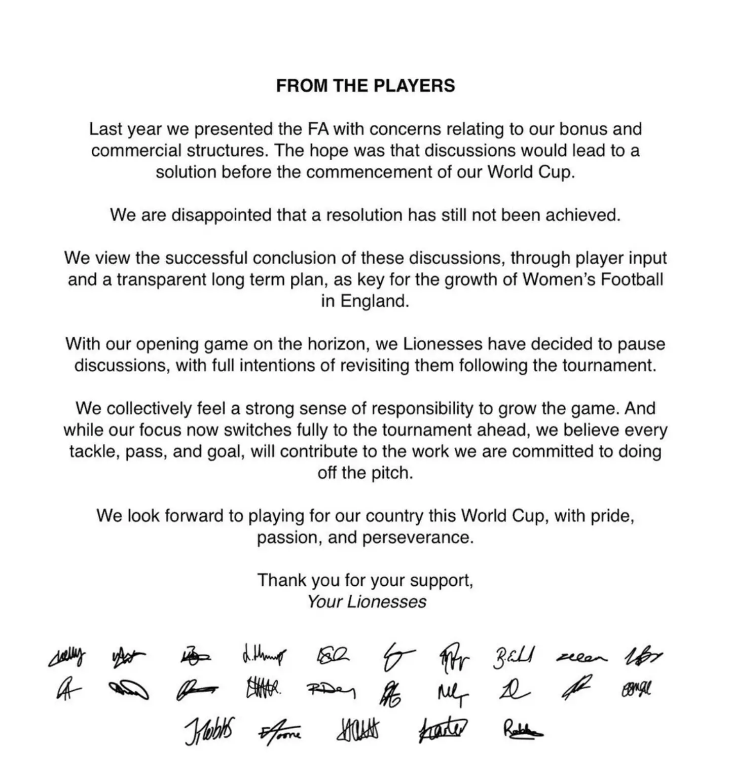 The 26-player team signed the statement, which was released via social media.